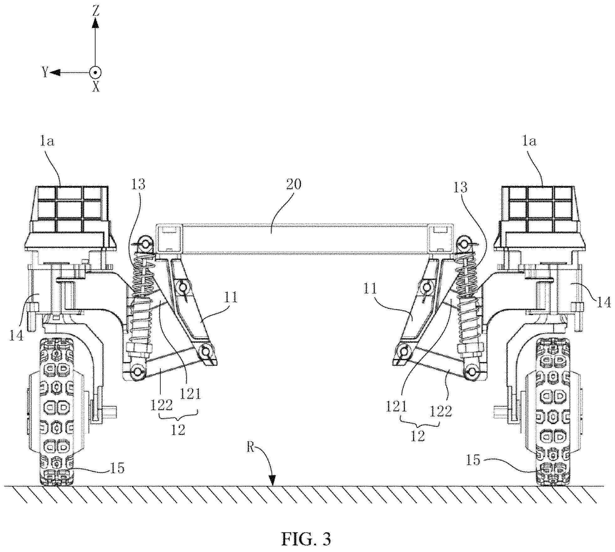 Patent US11780282 Figure 3 – Suspension assembly, suspension damping device and six wheels bionic chassis