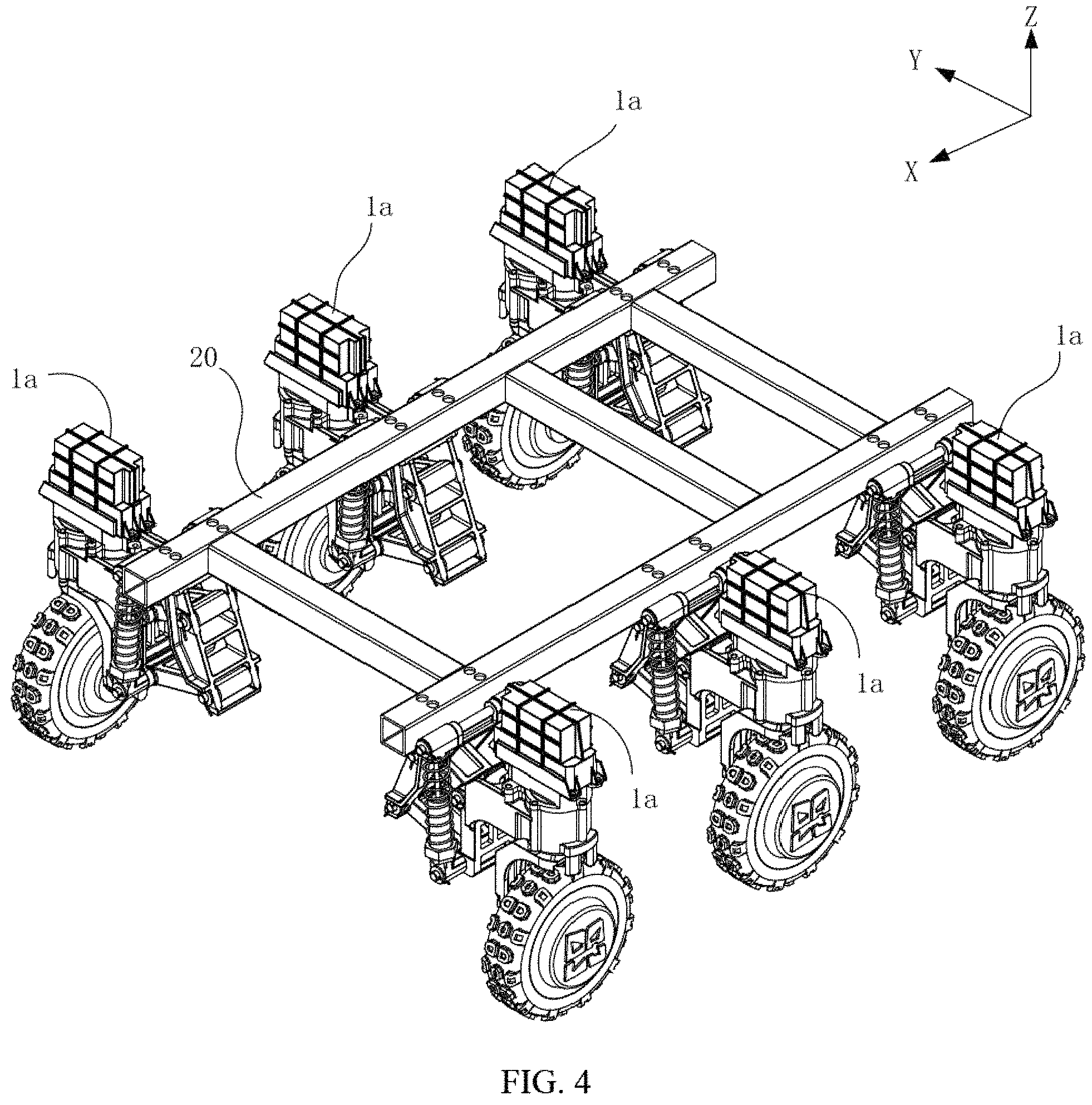 Patent US11780282 Figure 4 – Suspension assembly, suspension damping device and six wheels bionic chassis
