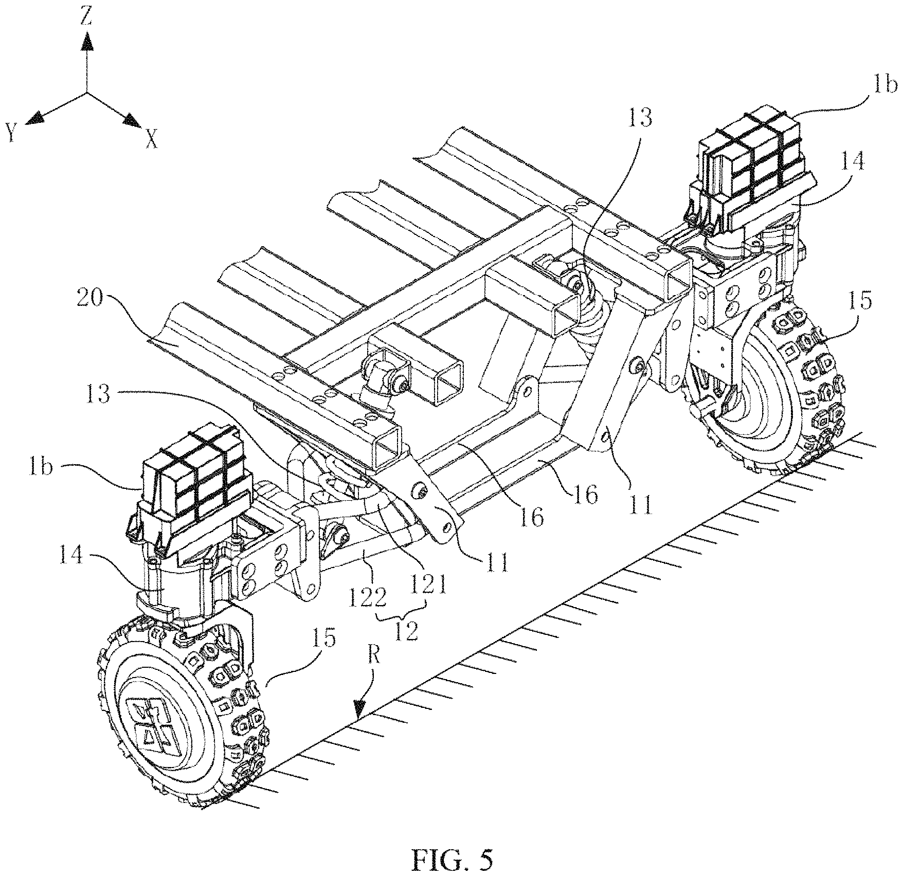 Patent US11780282 Figure 5 – Suspension assembly, suspension damping device and six wheels bionic chassis