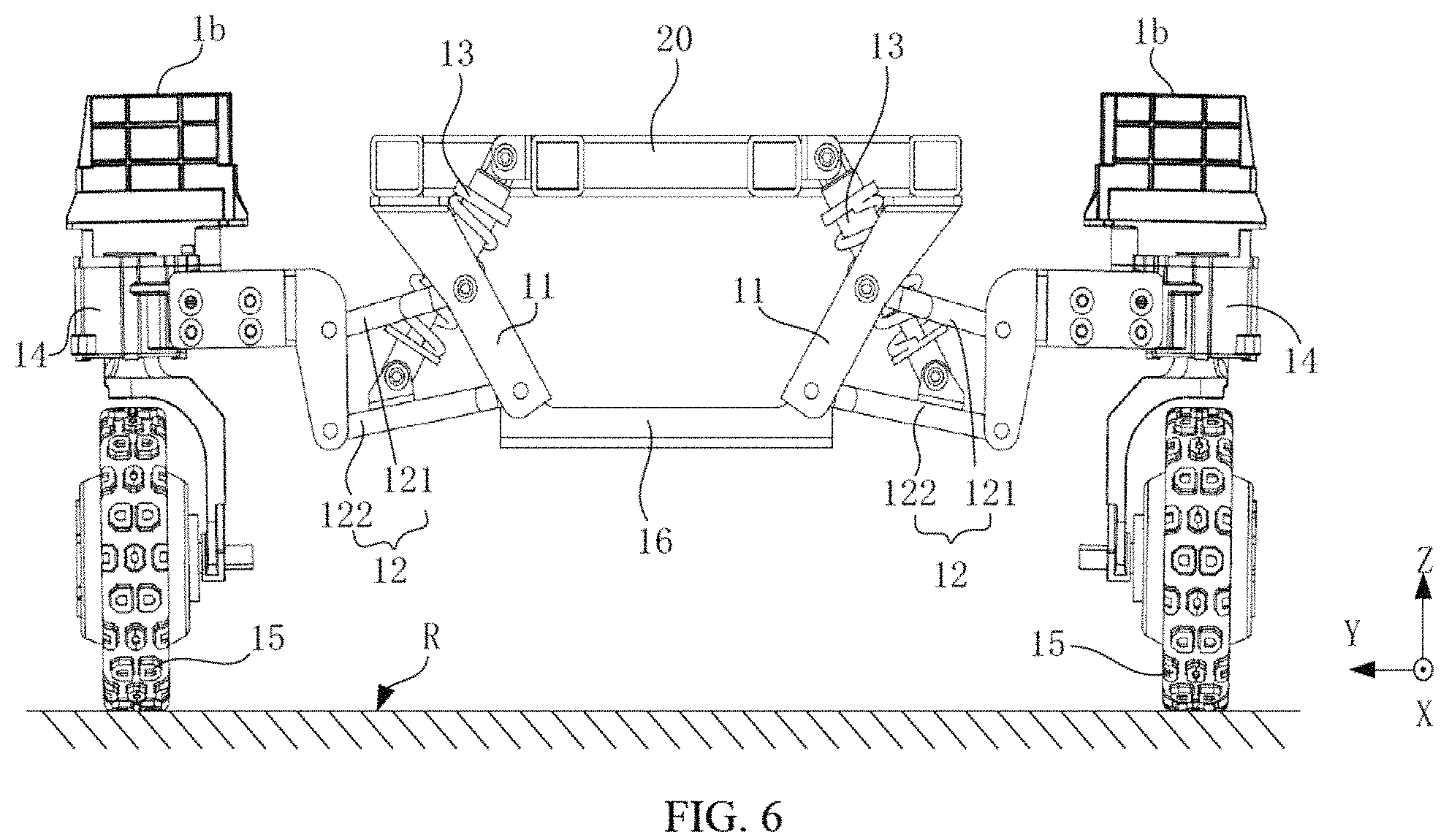 Patent US11780282 Figure 6 – Suspension assembly, suspension damping device and six wheels bionic chassis