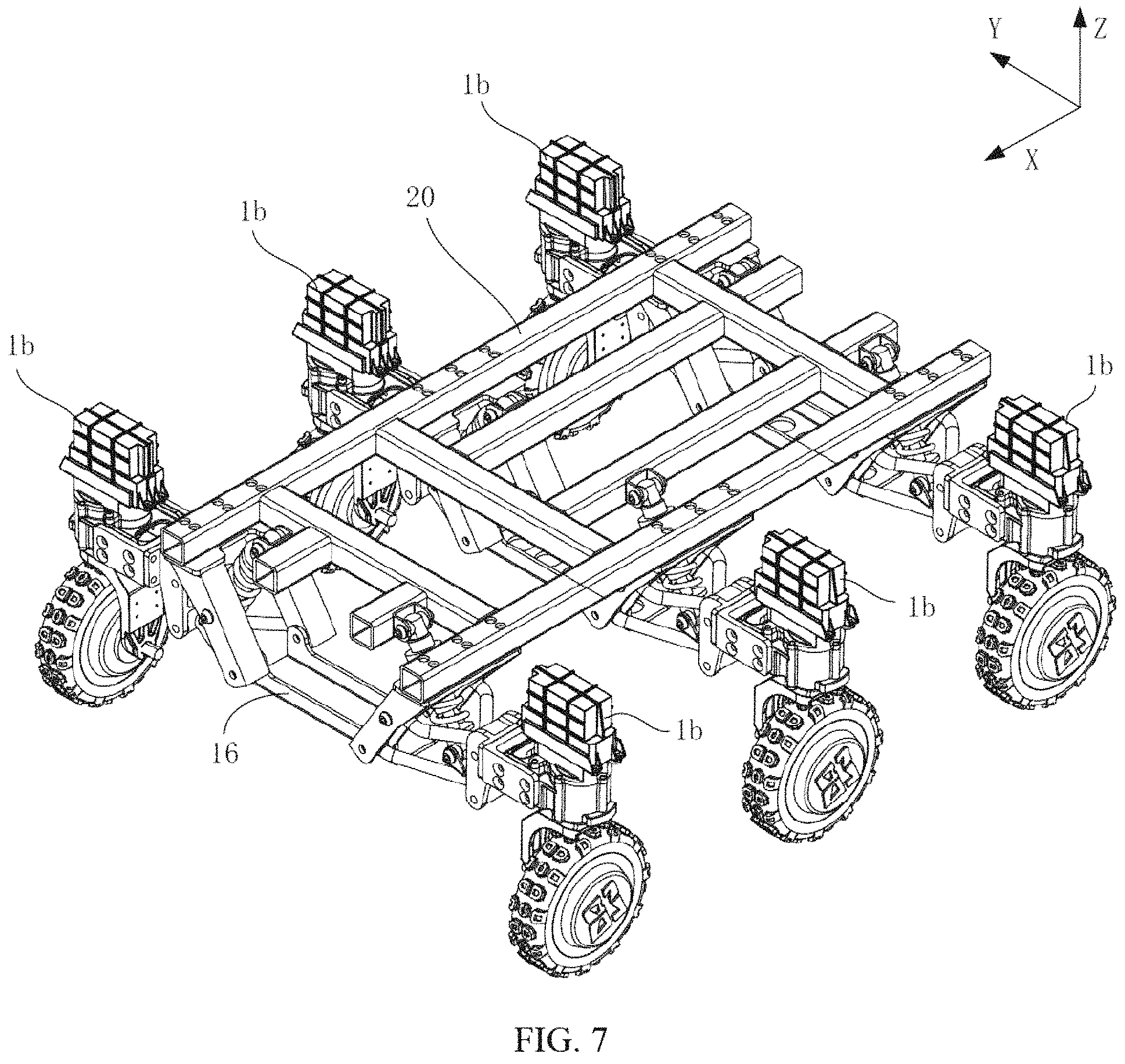 Patent US11780282 Figure 7 – Suspension assembly, suspension damping device and six wheels bionic chassis