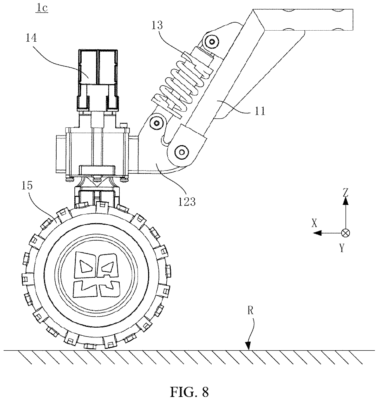 Patent US11780282 Figure 8 – Suspension assembly, suspension damping device and six wheels bionic chassis
