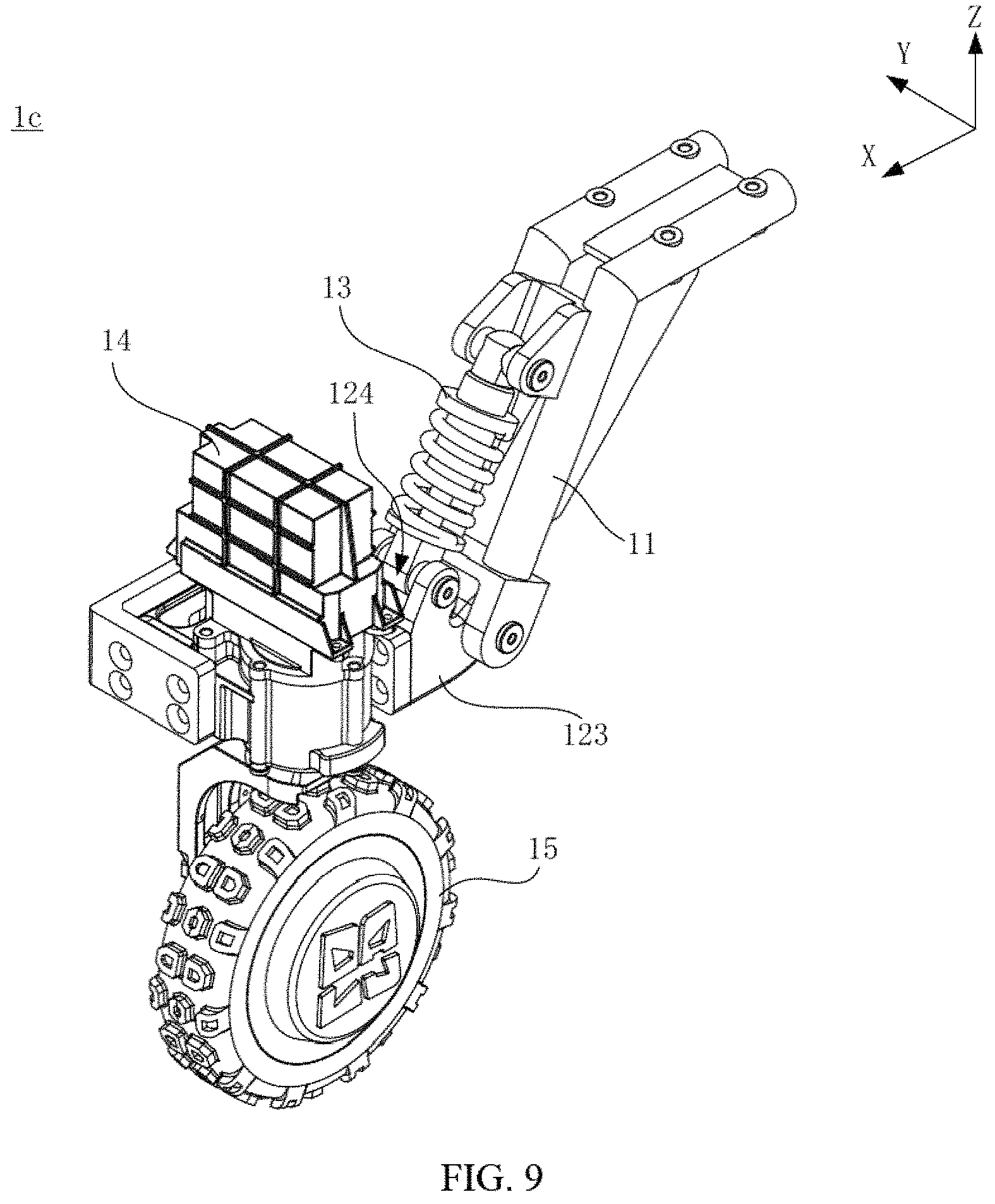 Patent US11780282 Figure 9 – Suspension assembly, suspension damping device and six wheels bionic chassis