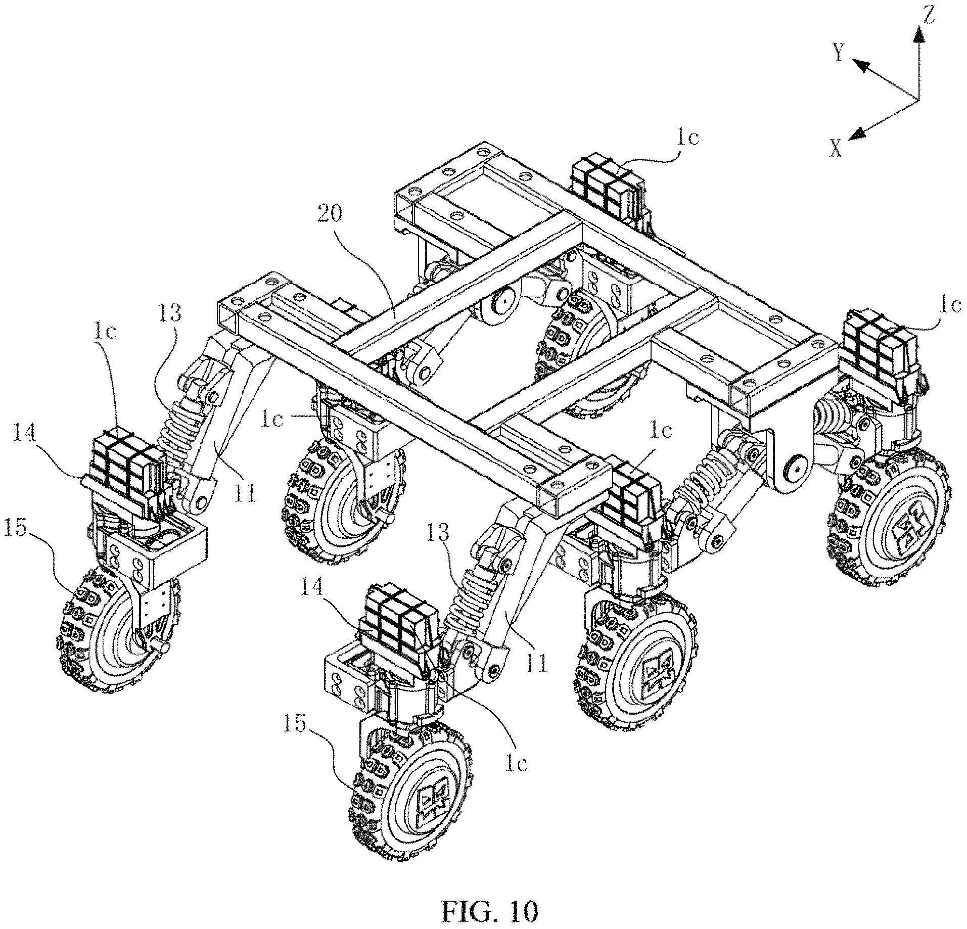 Patent US11780282 Figure 10 – Suspension assembly, suspension damping device and six wheels bionic chassis