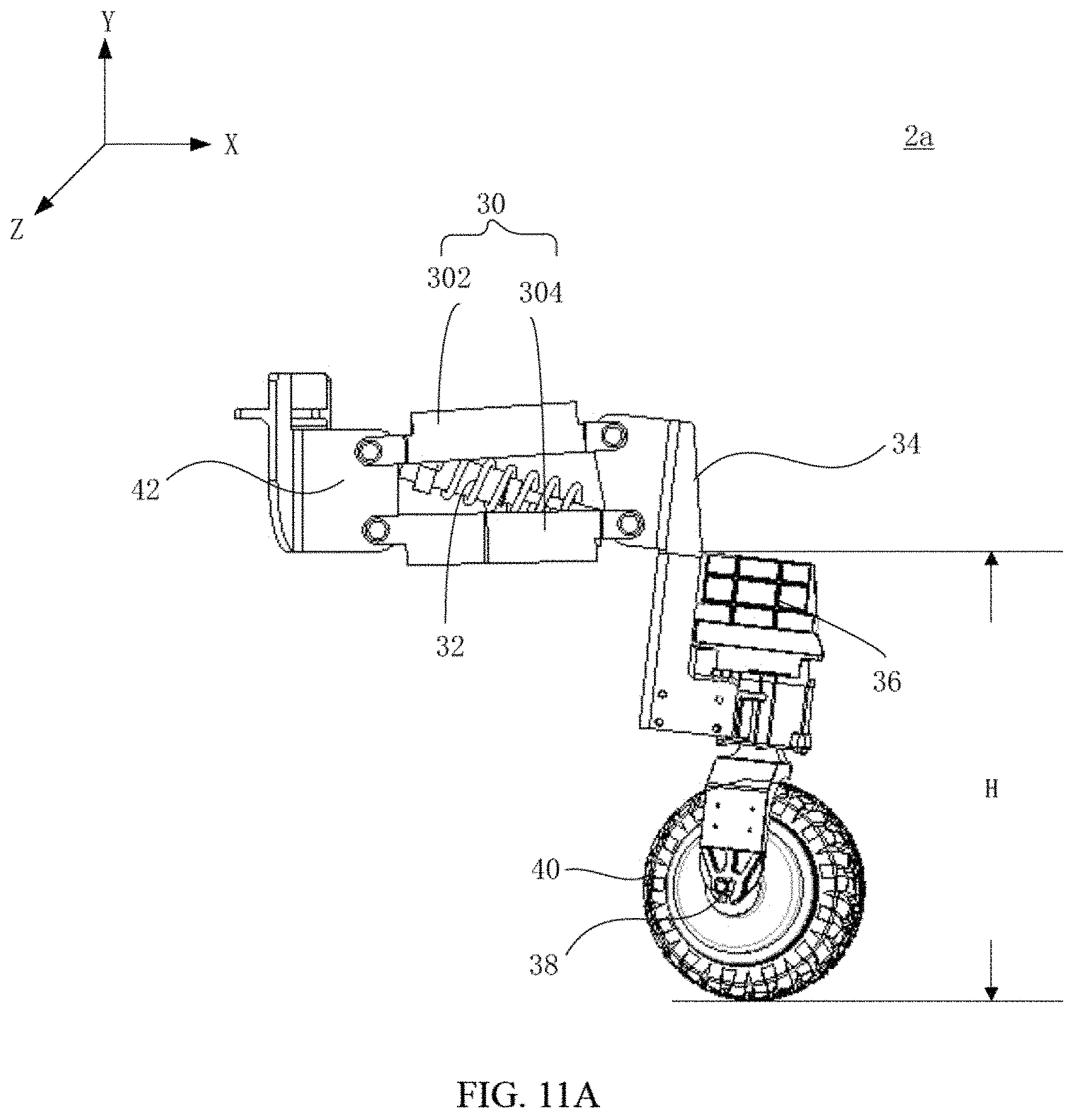 Patent US11780282 Figure 11 – Suspension assembly, suspension damping device and six wheels bionic chassis
