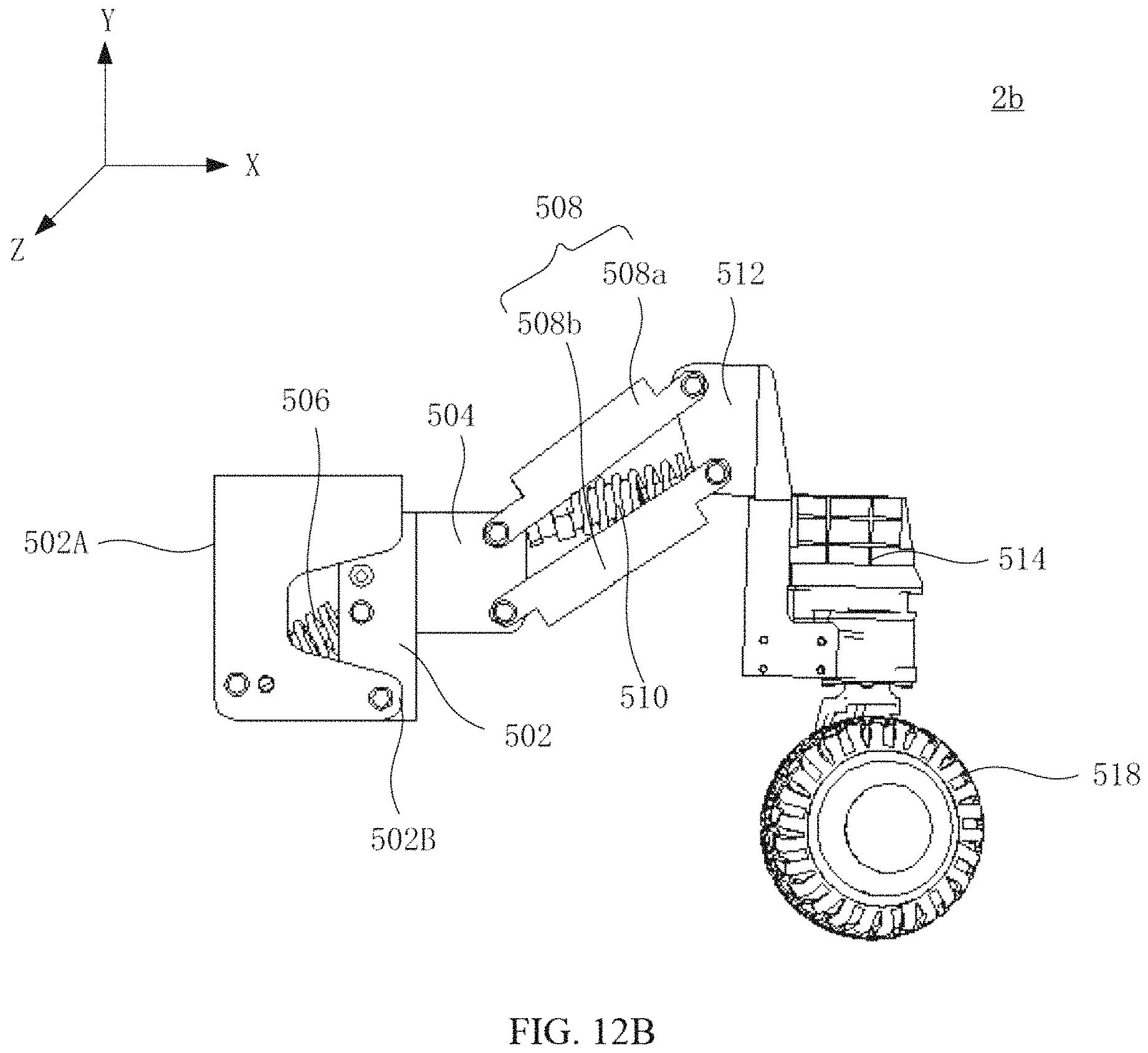 Patent US11780282 Figure 14 – Suspension assembly, suspension damping device and six wheels bionic chassis