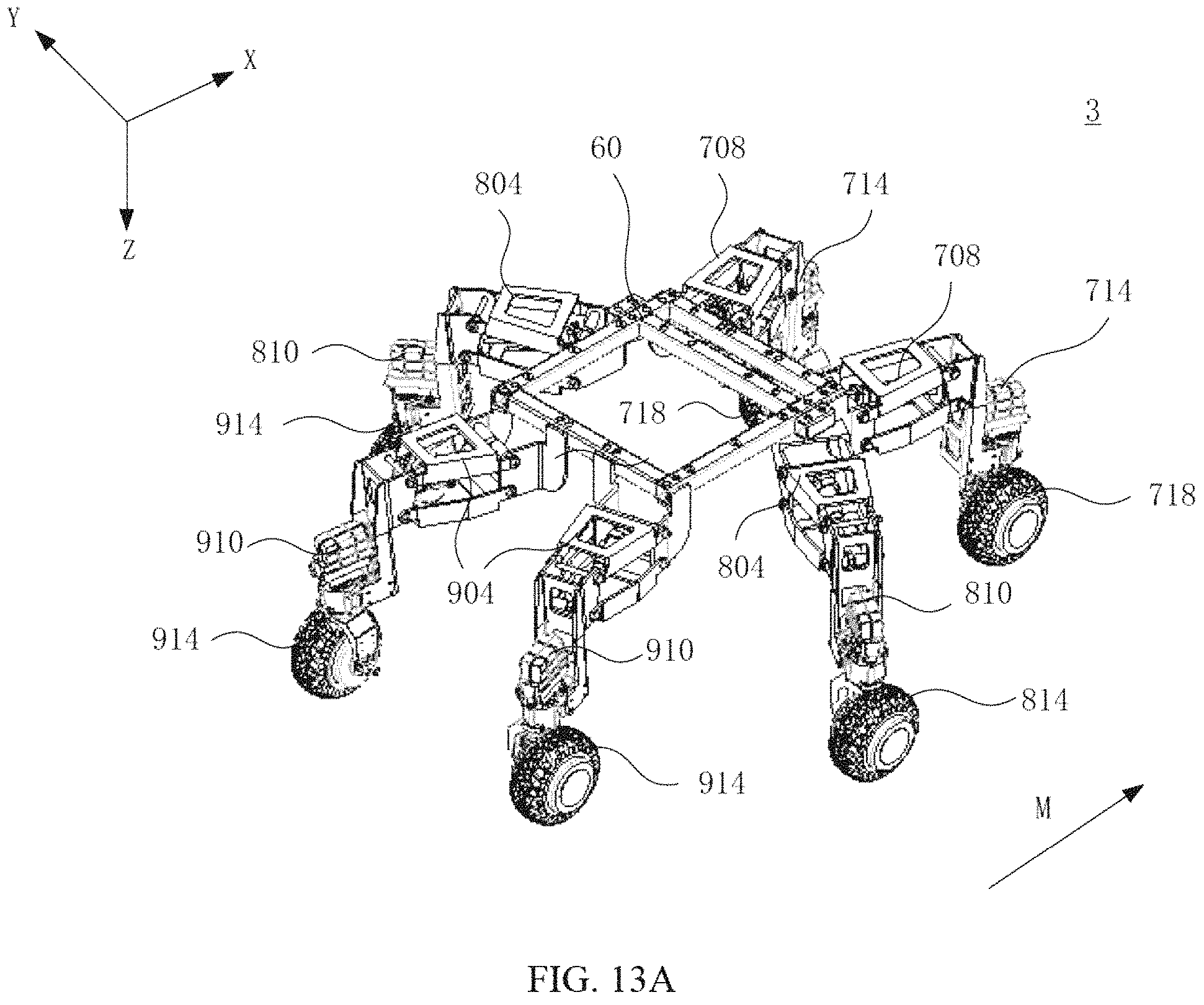 Patent US11780282 Figure 15 – Suspension assembly, suspension damping device and six wheels bionic chassis