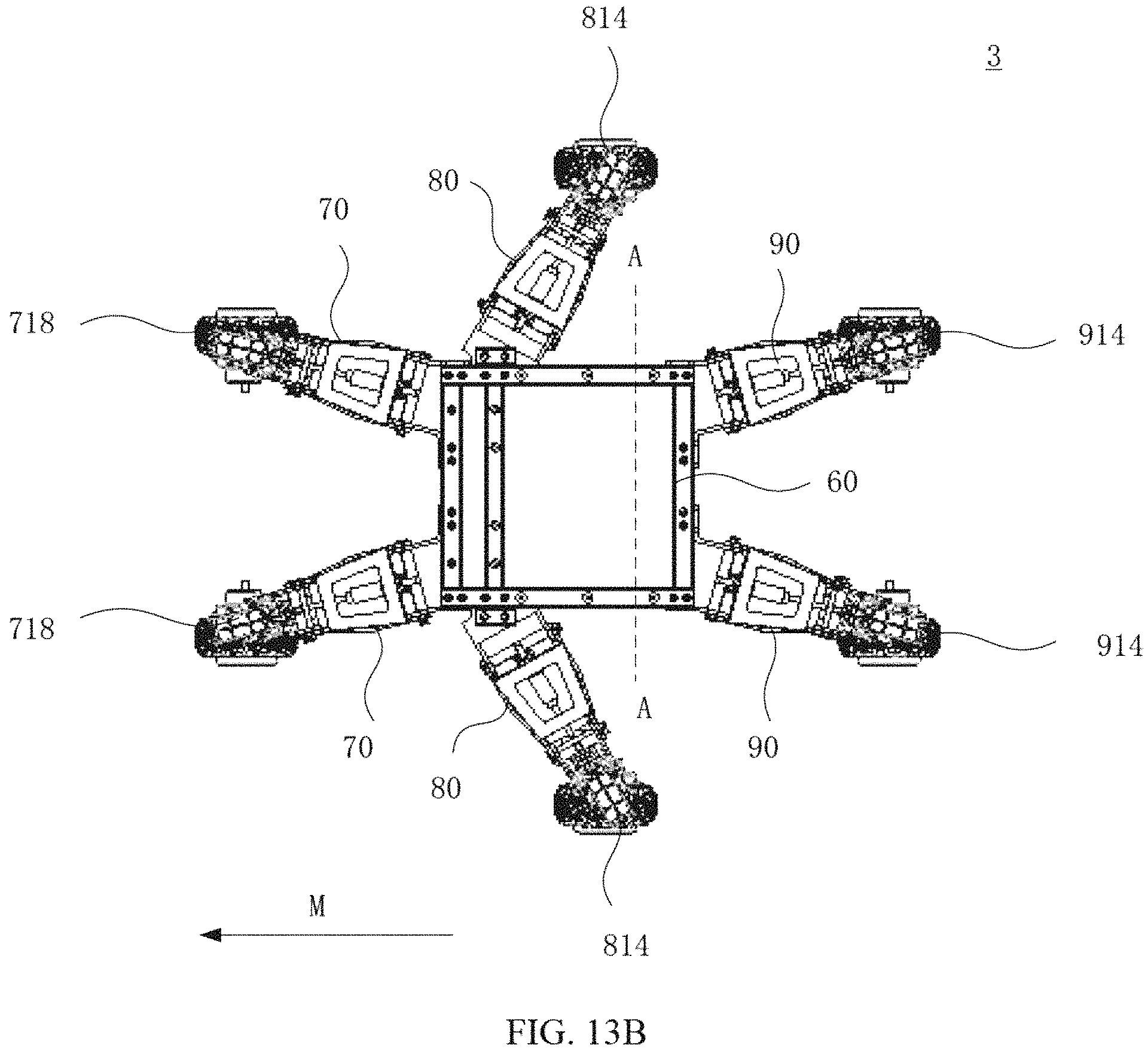Patent US11780282 Figure 16 – Suspension assembly, suspension damping device and six wheels bionic chassis