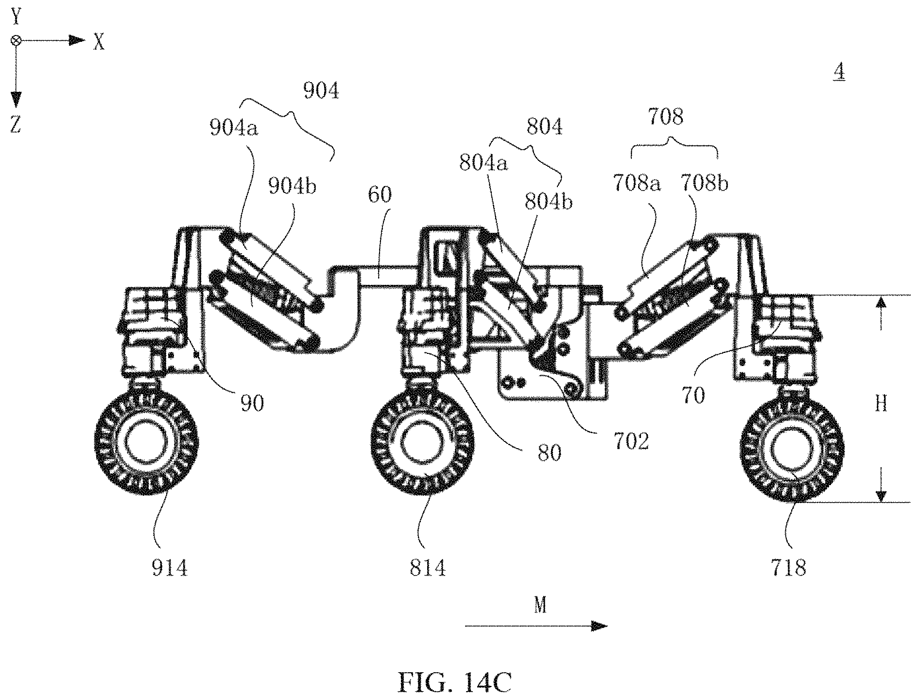 Patent US11780282 Figure 20 – Suspension assembly, suspension damping device and six wheels bionic chassis