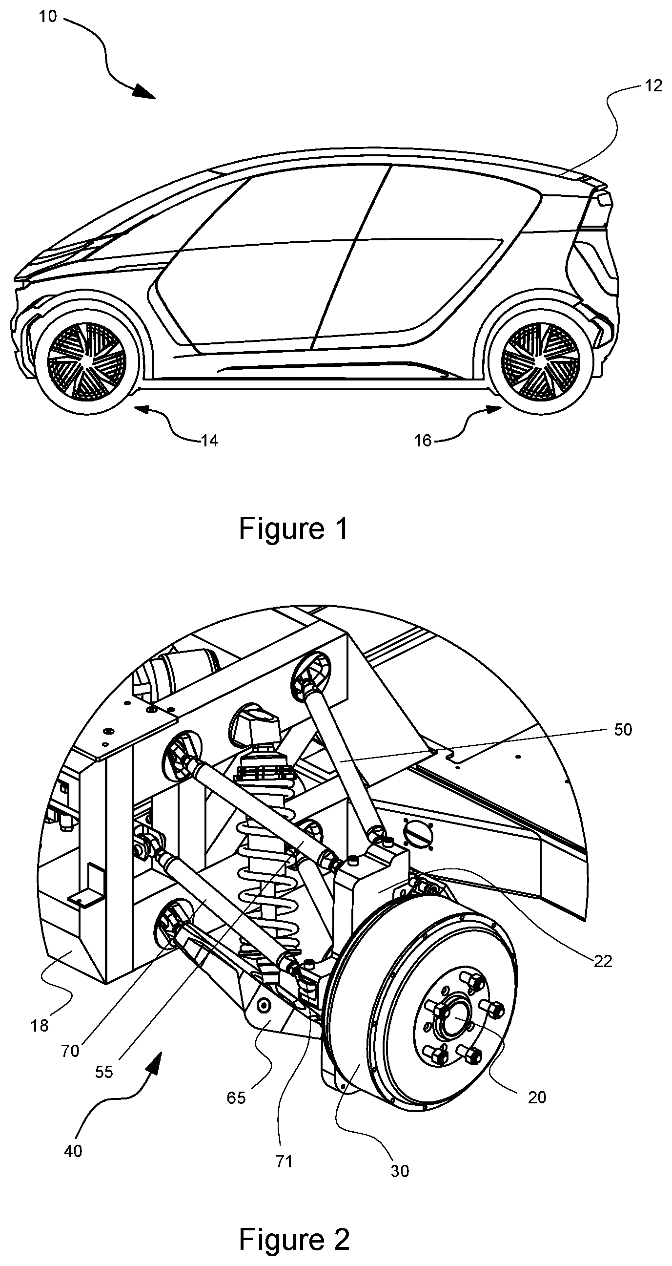 Patent US11780283 Figure 1 – Vehicle suspension and drive mechanism with virtual steering pivot