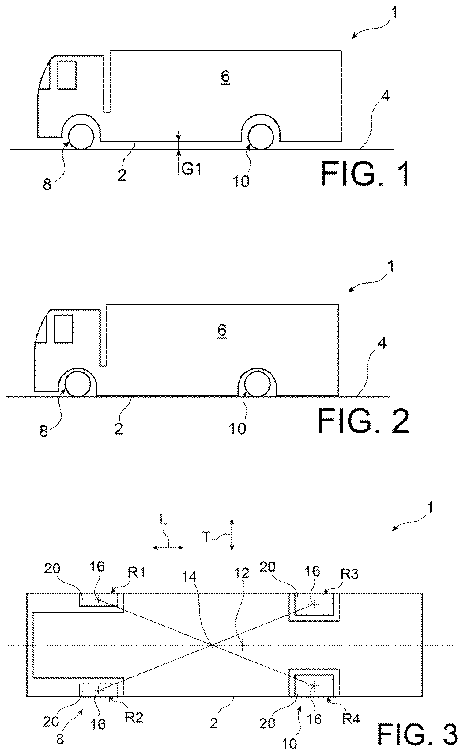 Patent US11780284 Figure 1 – Vehicle comprising a controlled vertical position chassis, in order to be lowered into a low position supported on the ground