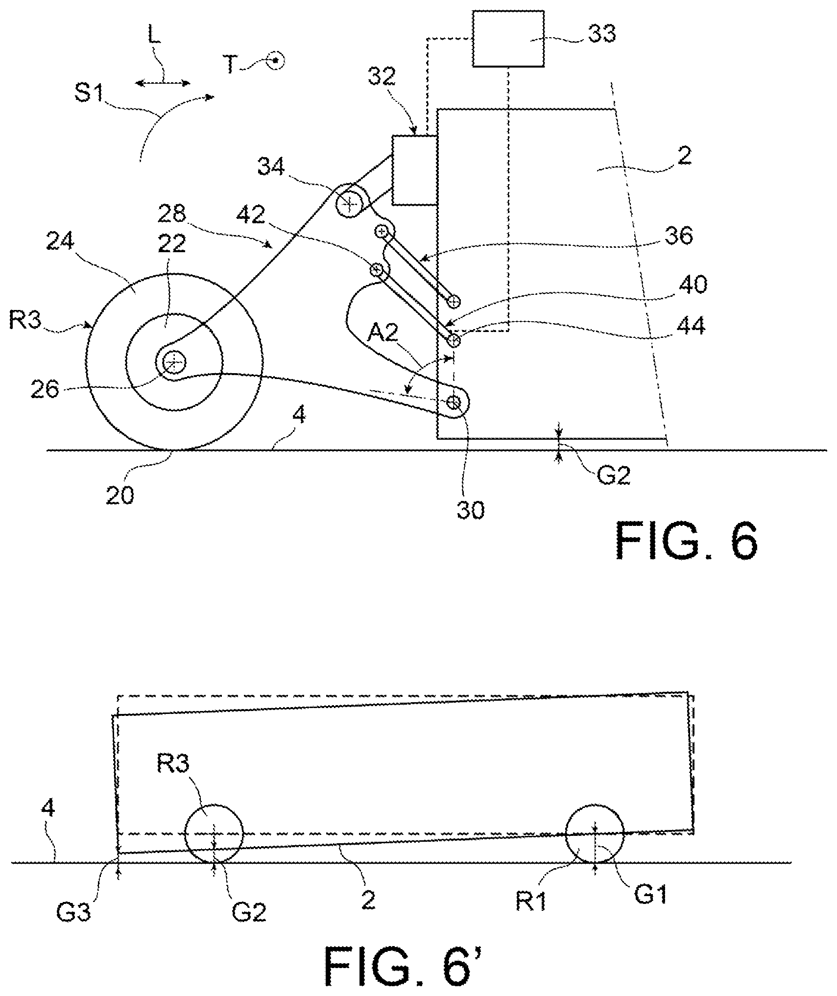 Patent US11780284 Figure 3 – Vehicle comprising a controlled vertical position chassis, in order to be lowered into a low position supported on the ground