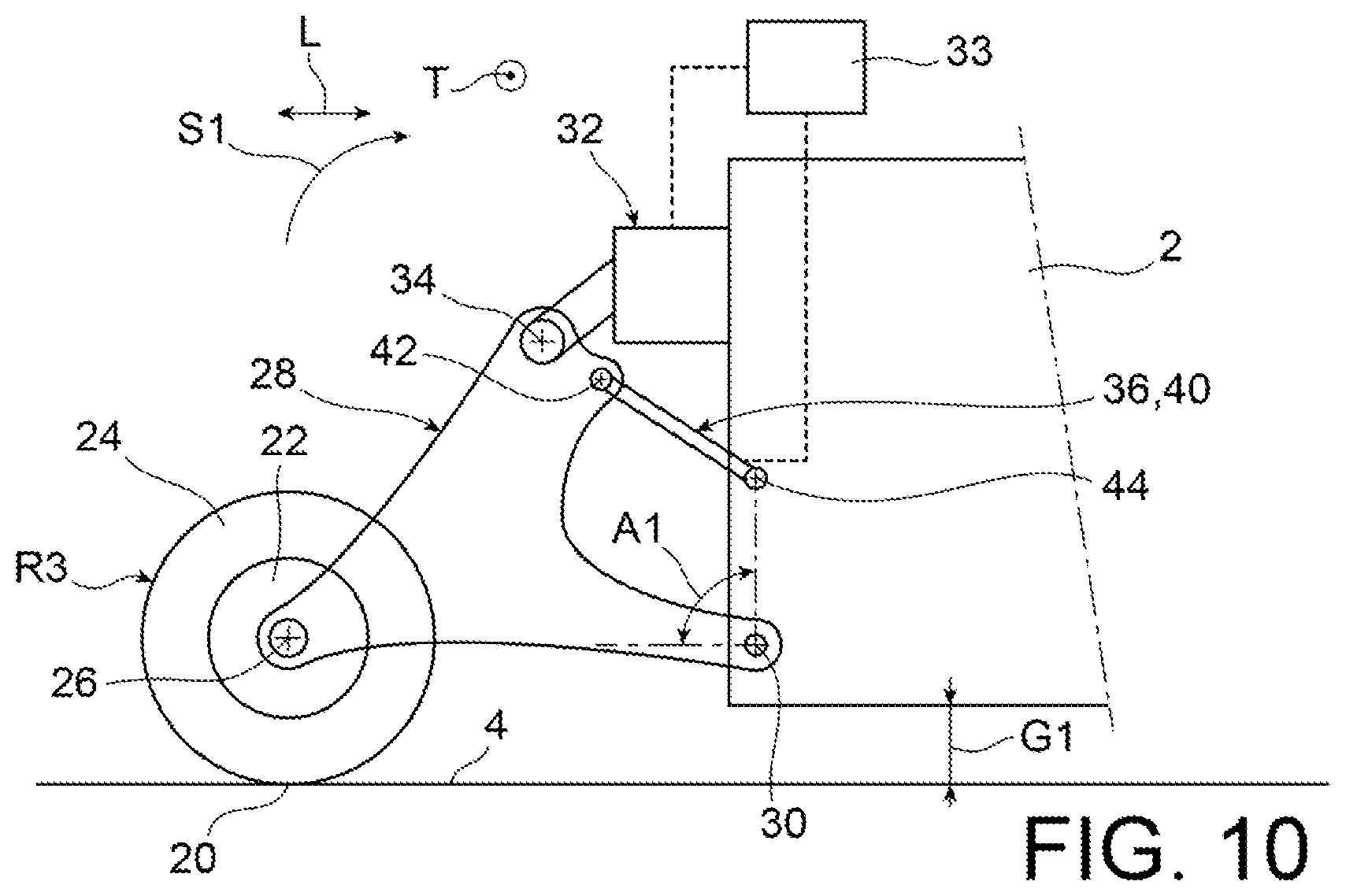 Patent US11780284 Figure 6 – Vehicle comprising a controlled vertical position chassis, in order to be lowered into a low position supported on the ground