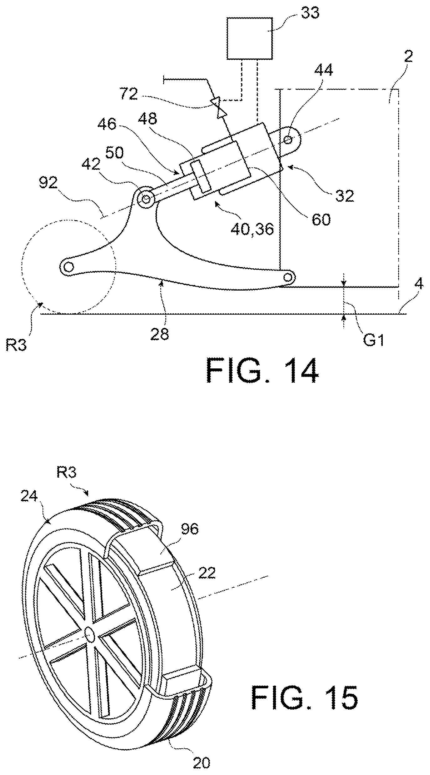 Patent US11780284 Figure 10 – Vehicle comprising a controlled vertical position chassis, in order to be lowered into a low position supported on the ground