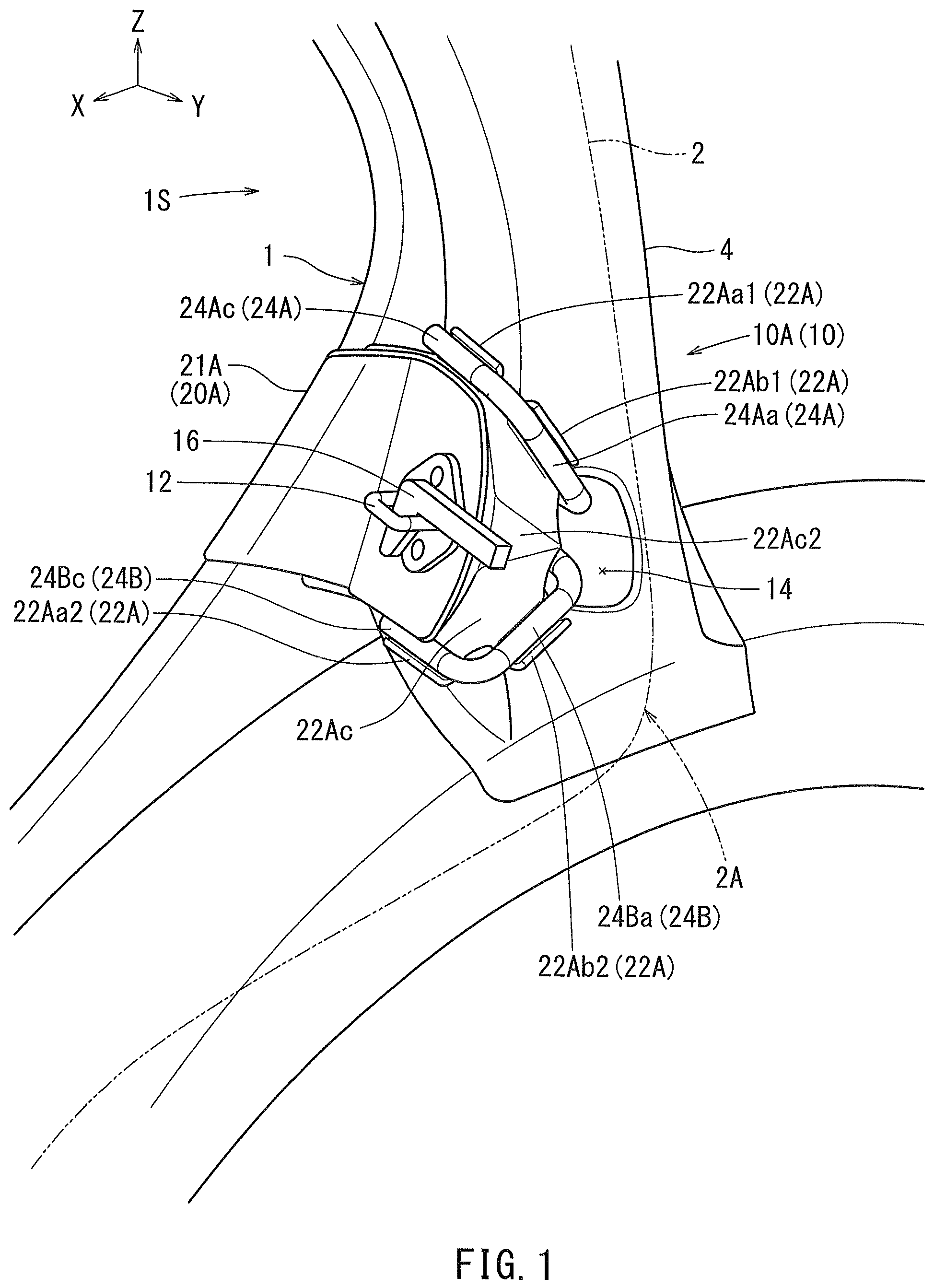 Patent US11780303 Figure 1 – Striker mounting structure