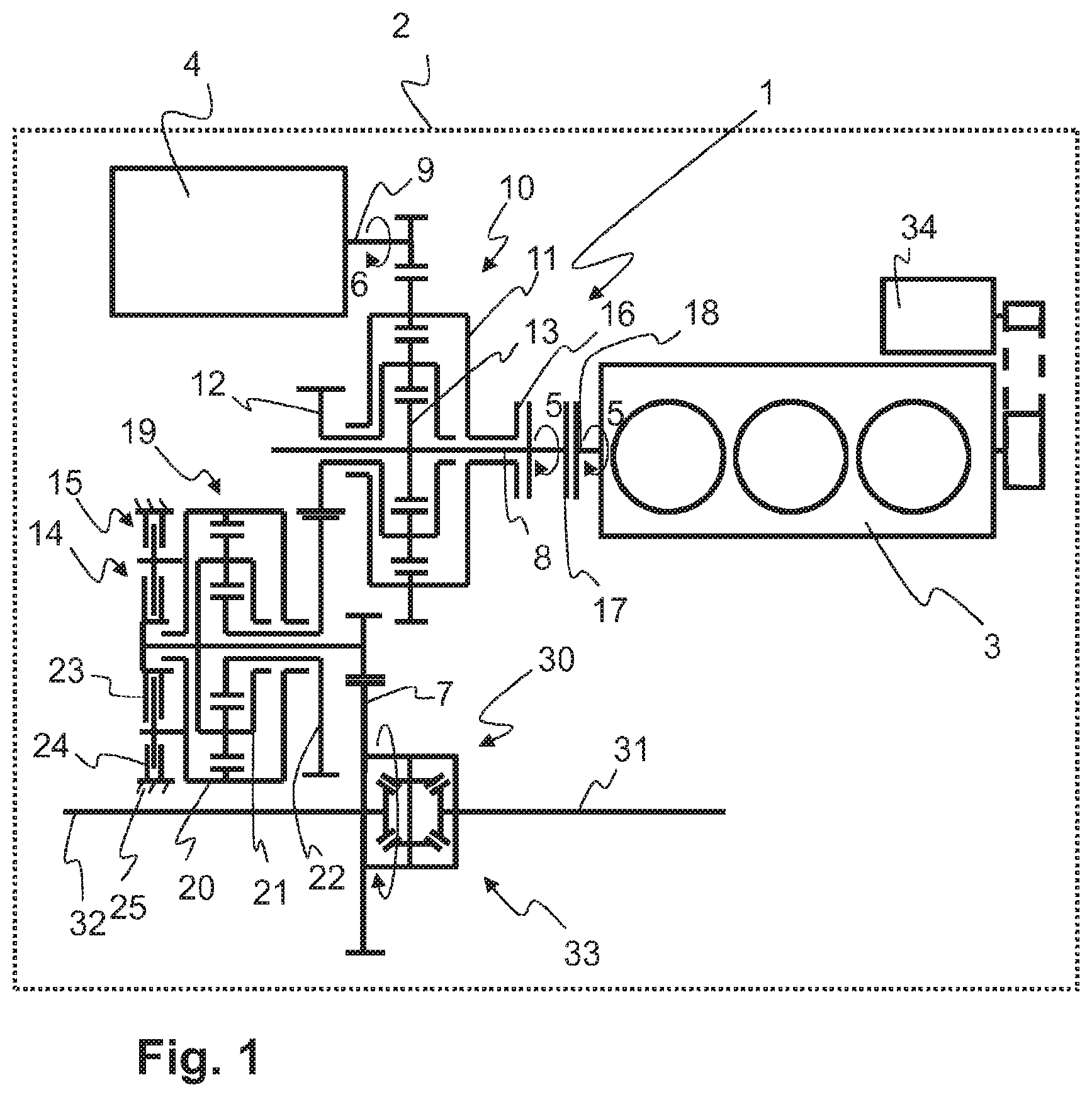 Patent US11780315 Figure 1 – Transmission assembly for a hybrid vehicle