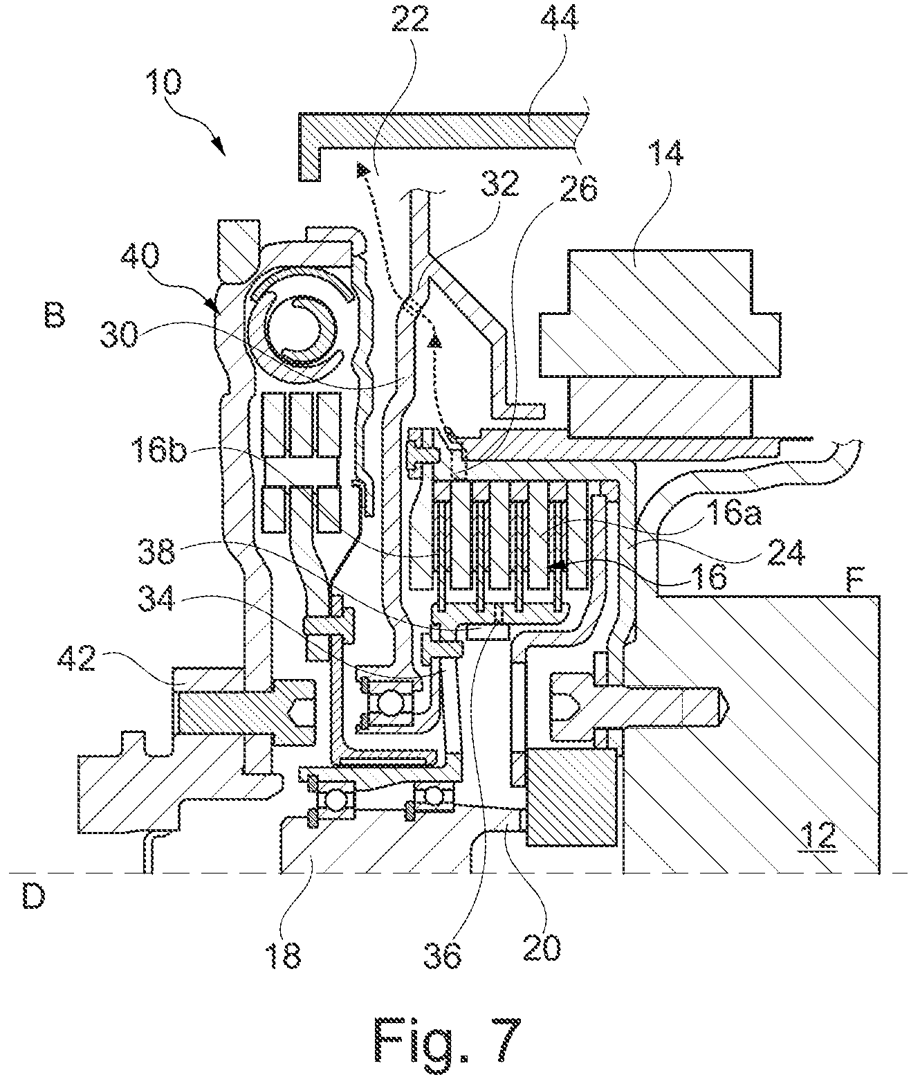 Patent US11780316 Figure 4 – Hybrid module having management of wear debris for a dry friction clutch