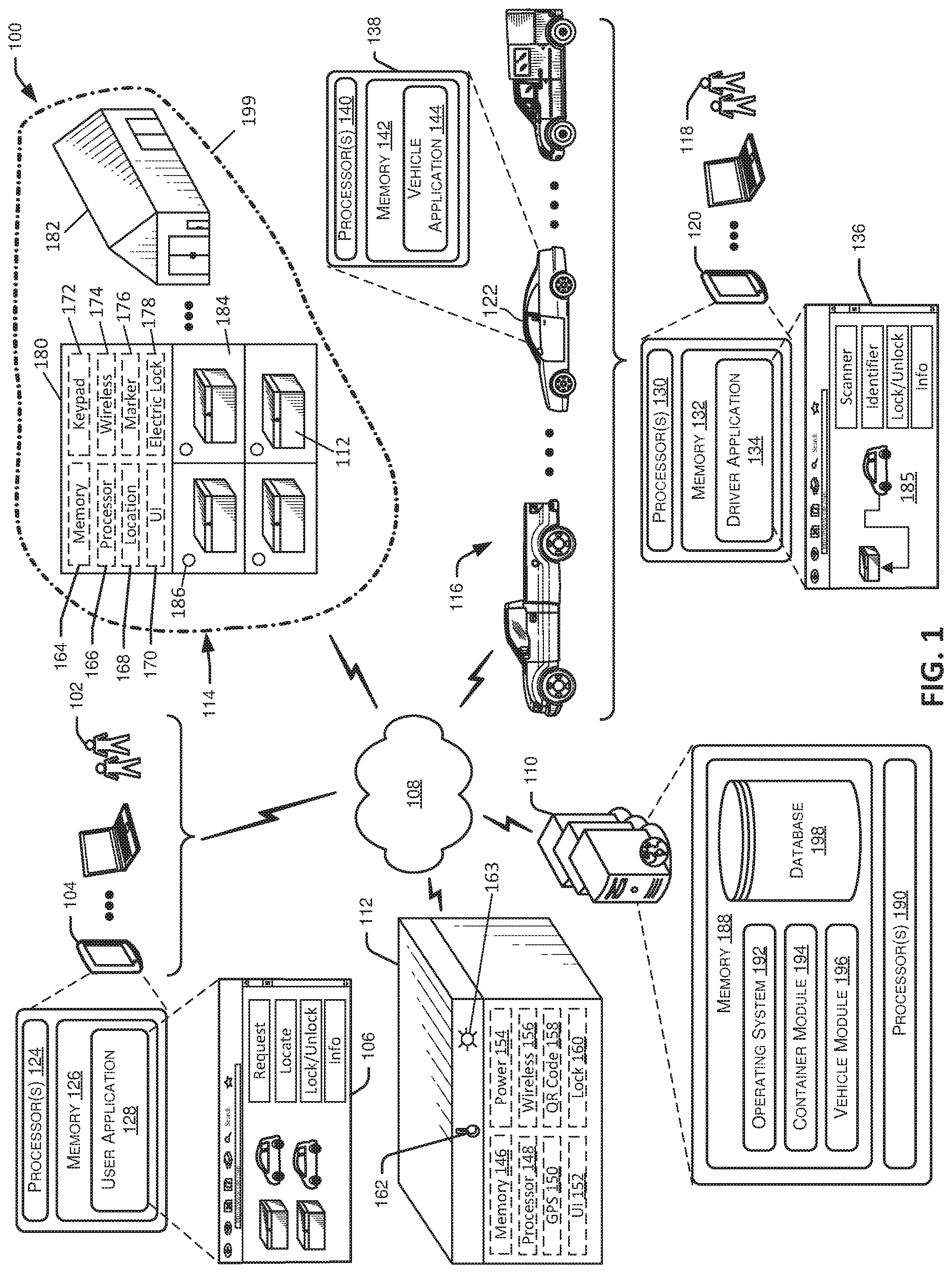 Patent US11780358 Figure 1 – Systems and methods for providing portable containers to users of vehicle services