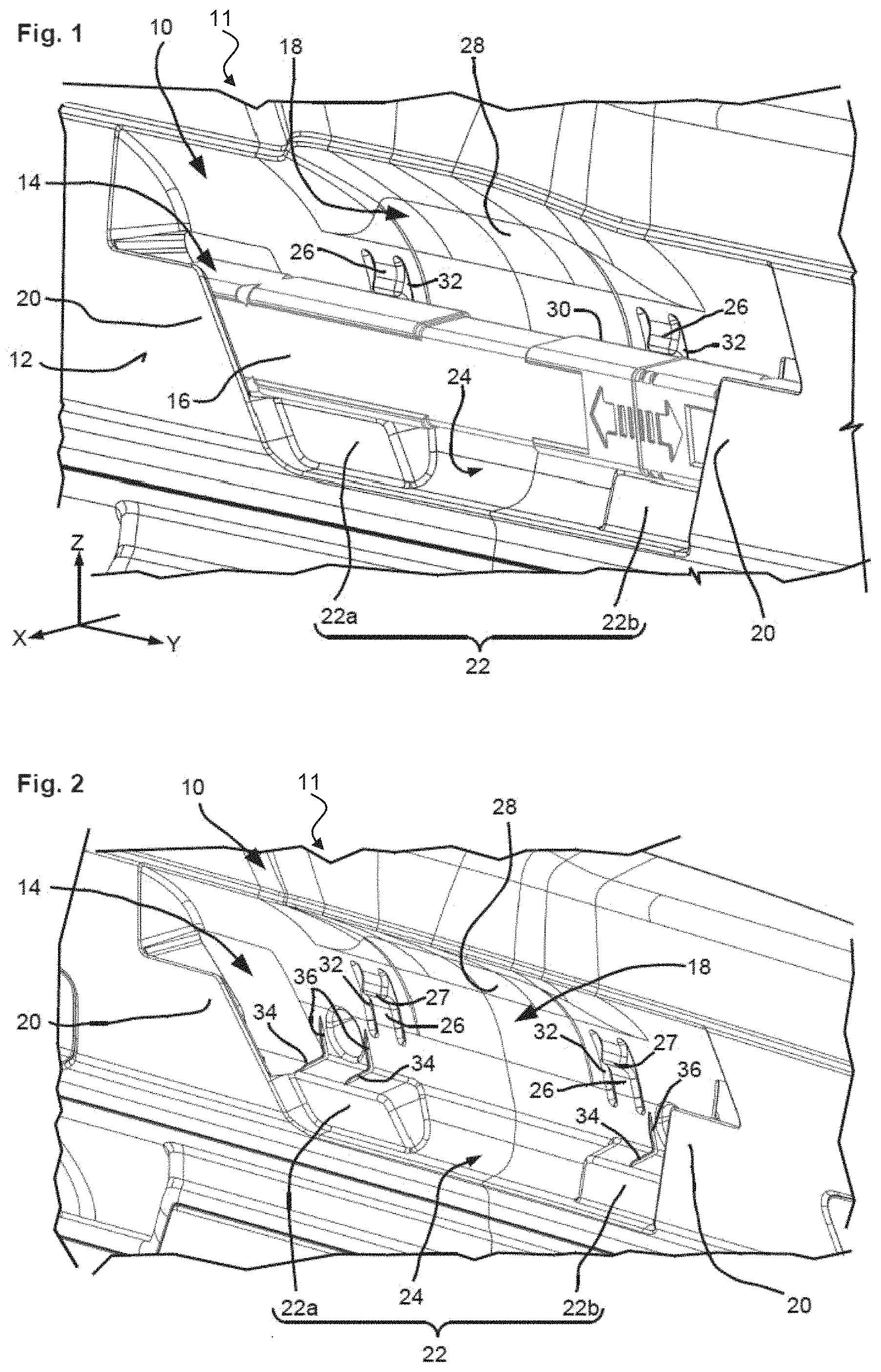 Patent US11780375 Figure 1 – Trim element having a receptacle for a warning triangle, tailgate having a trim element, and motor vehicle having such a tailgate