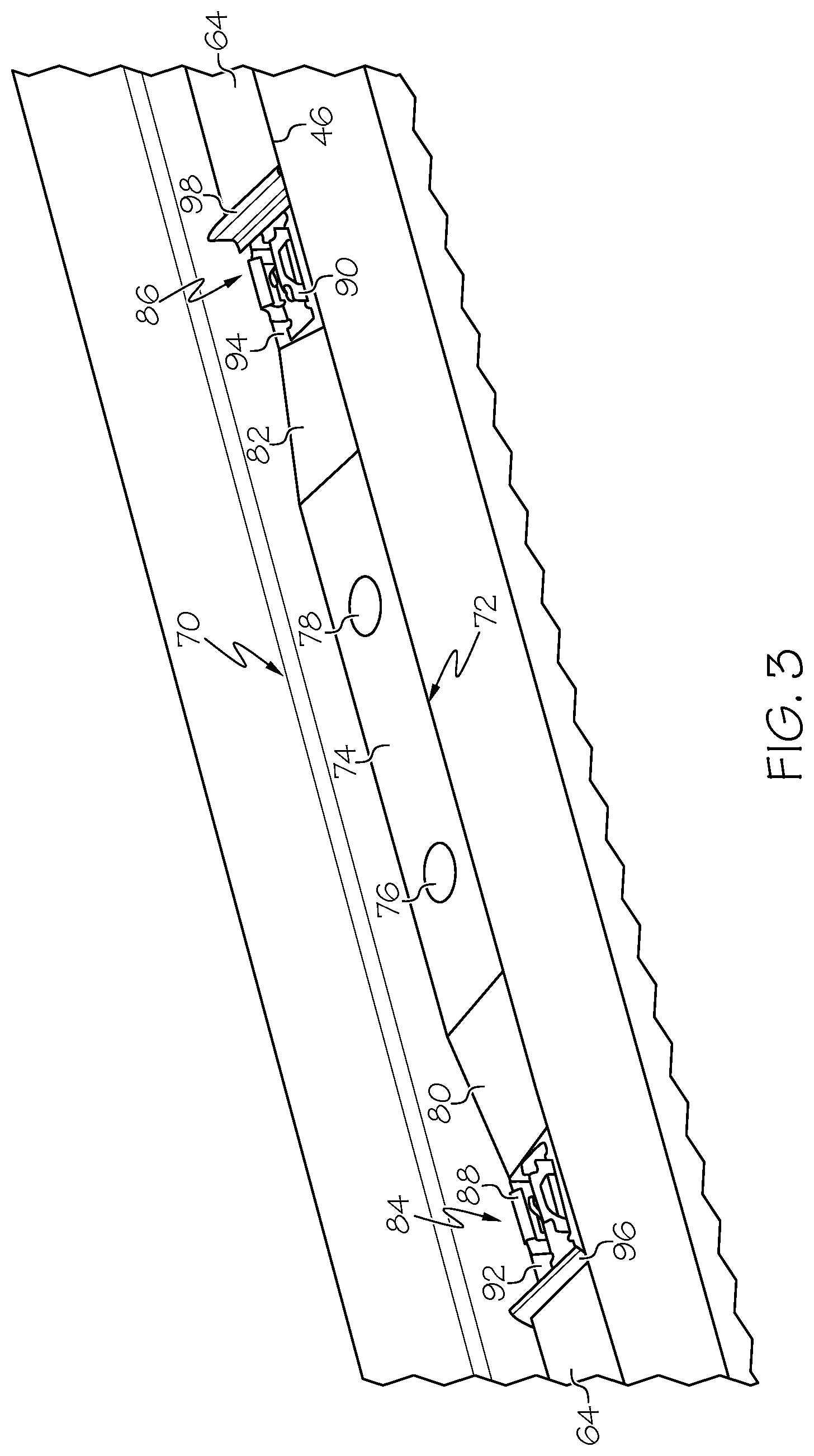 Patent US11780377 Figure 3 – Mounting brackets packaged within roof ditch channels of vehicles