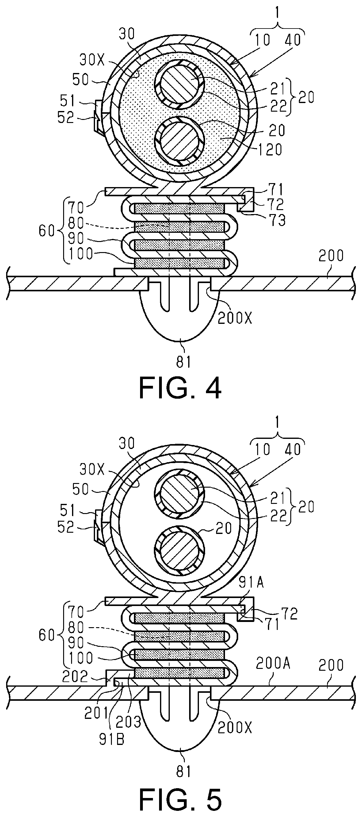 Patent US11780387 Figure 4 – Clamp and clamp-equipped wire harness