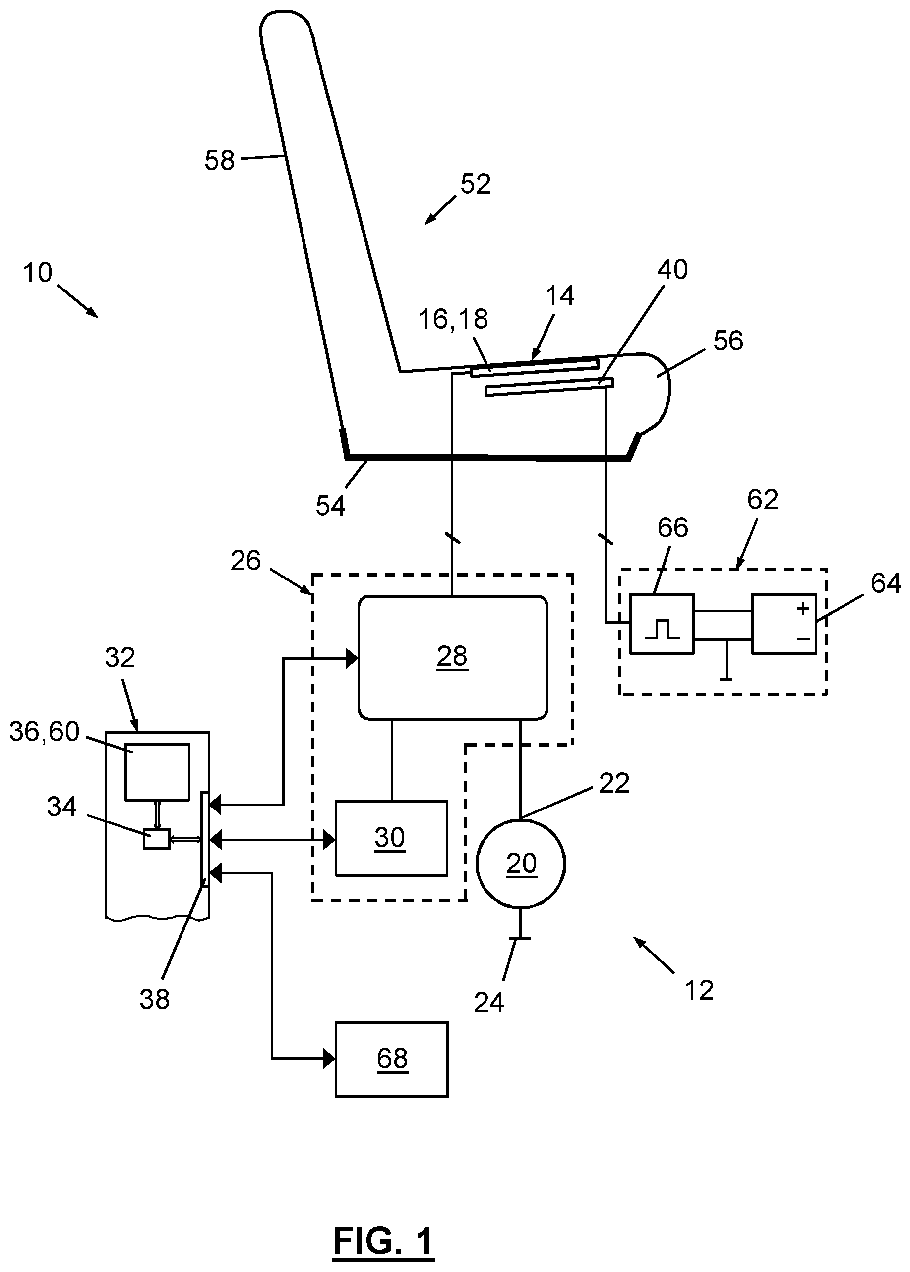 Patent US11780394 — Capacitive detection and/or classification device and operation method for heater member compensation, particularly for automotive application — Figure 1