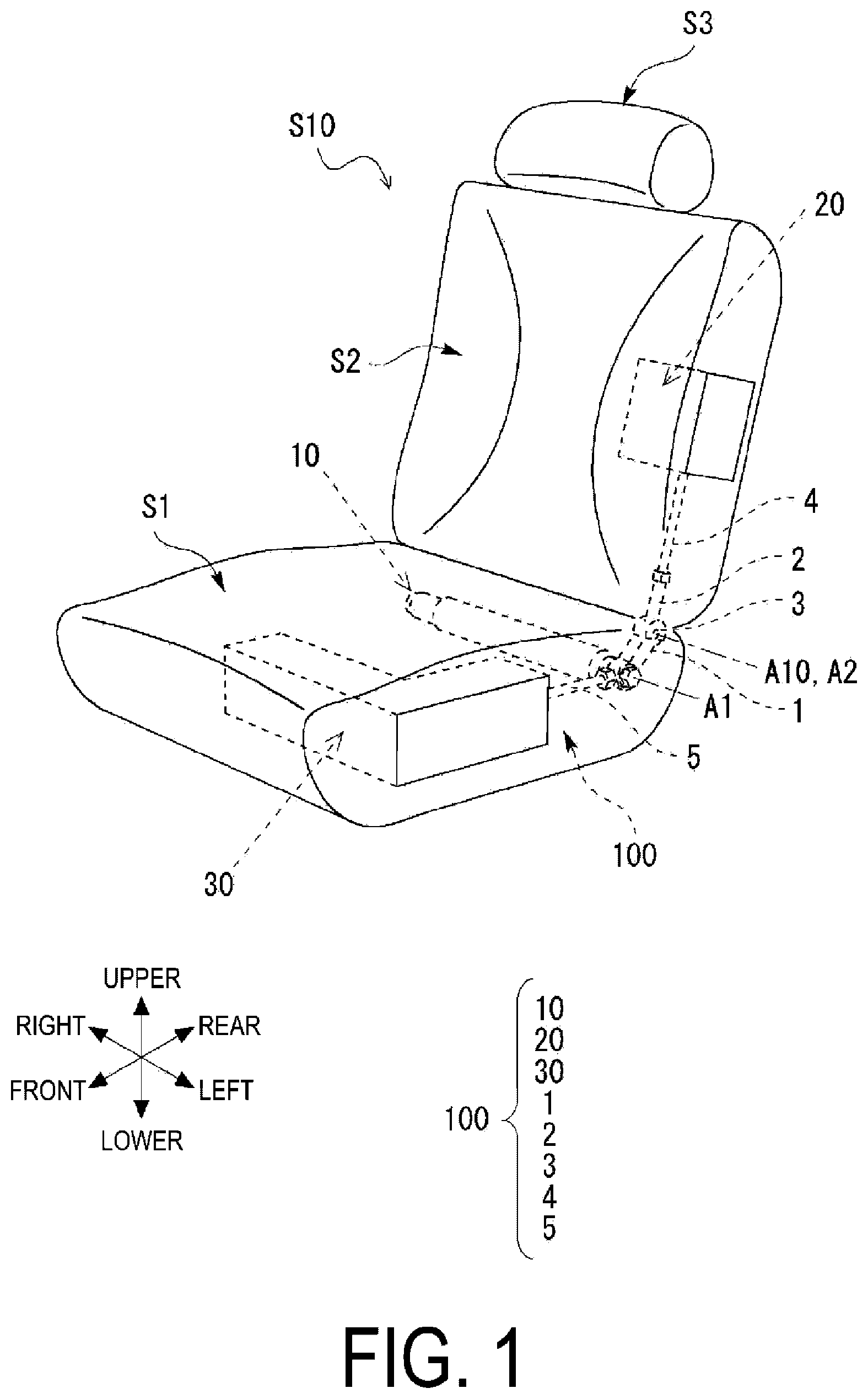 Patent US11780398 Figure 1 – Coupling structure, airbag device, and vehicle seat