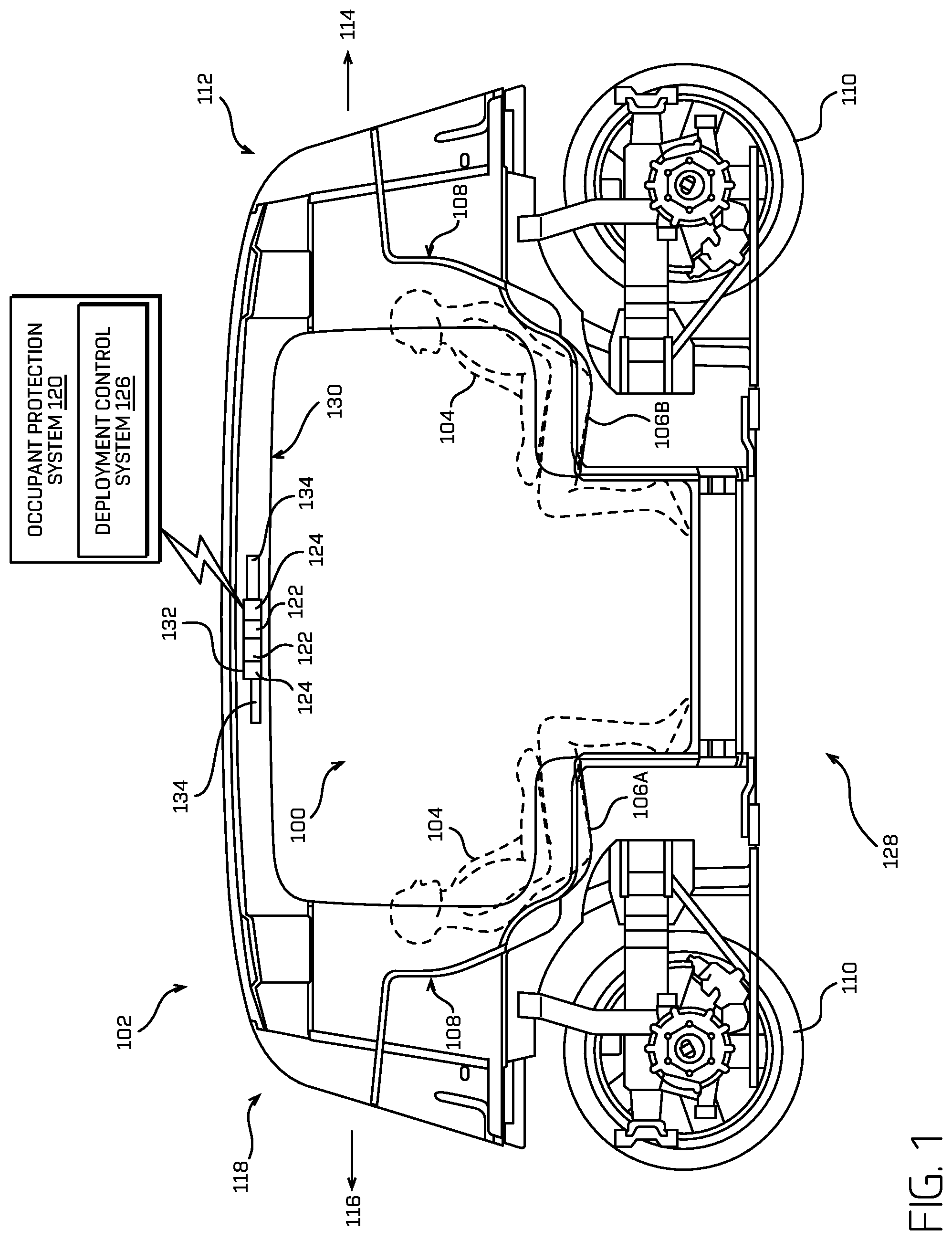Patent US11780401 Figure 1 – Vehicle occupant protection systems having frictionally engaging tether