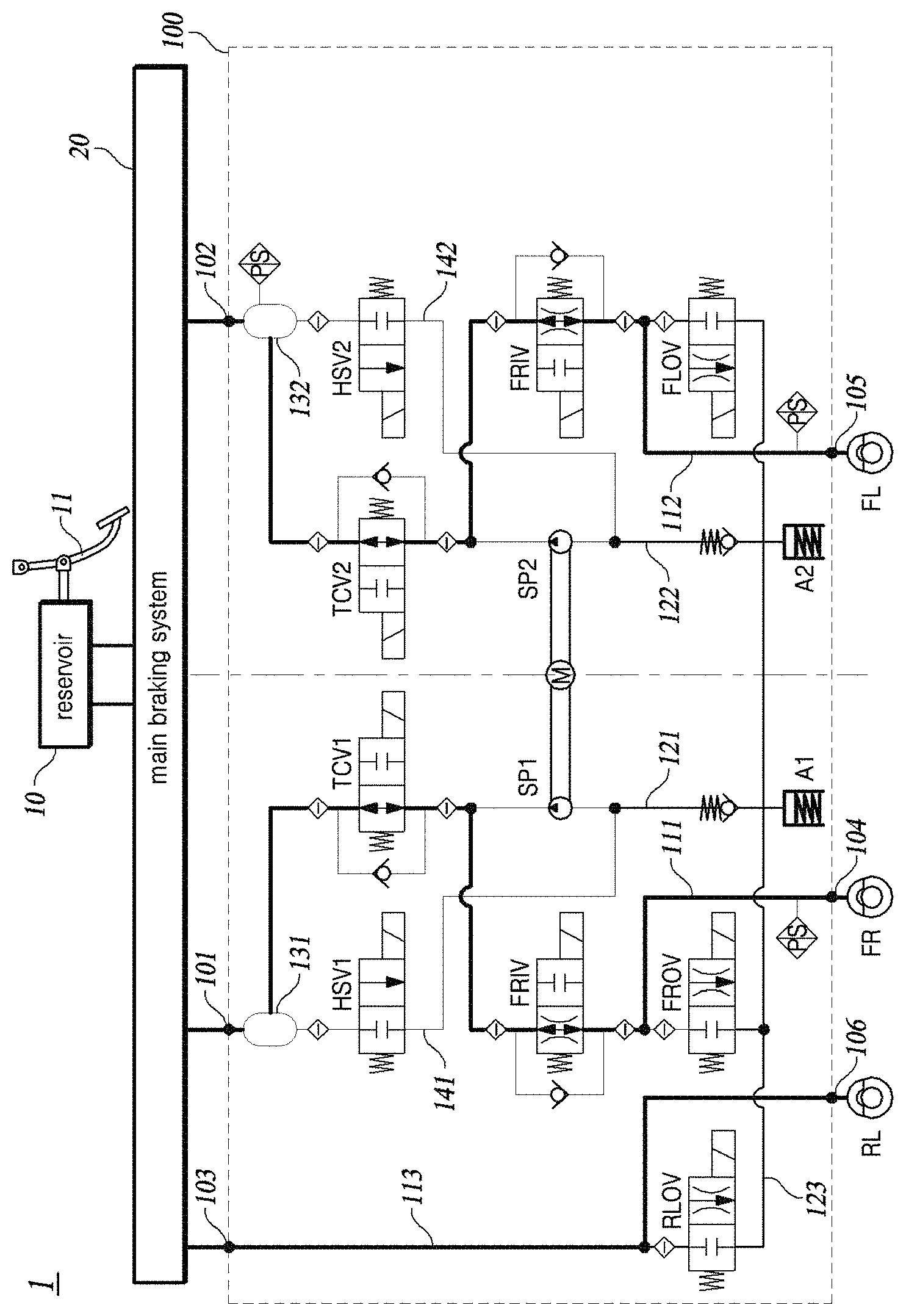 Patent US11780418 Figure 1 – Electro-hydraulic braking system