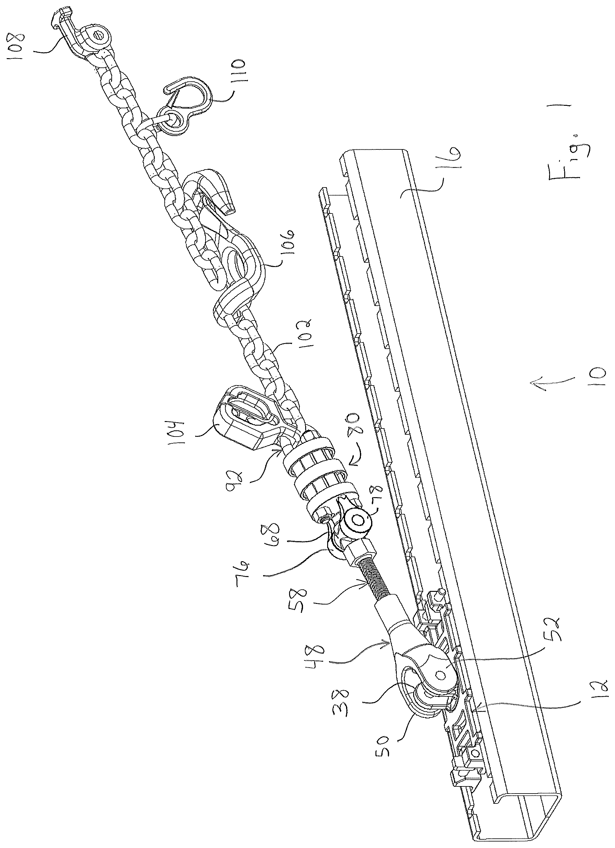 Patent US11780475 Figure 1 – Tension lock assembly for chain tie down assembly