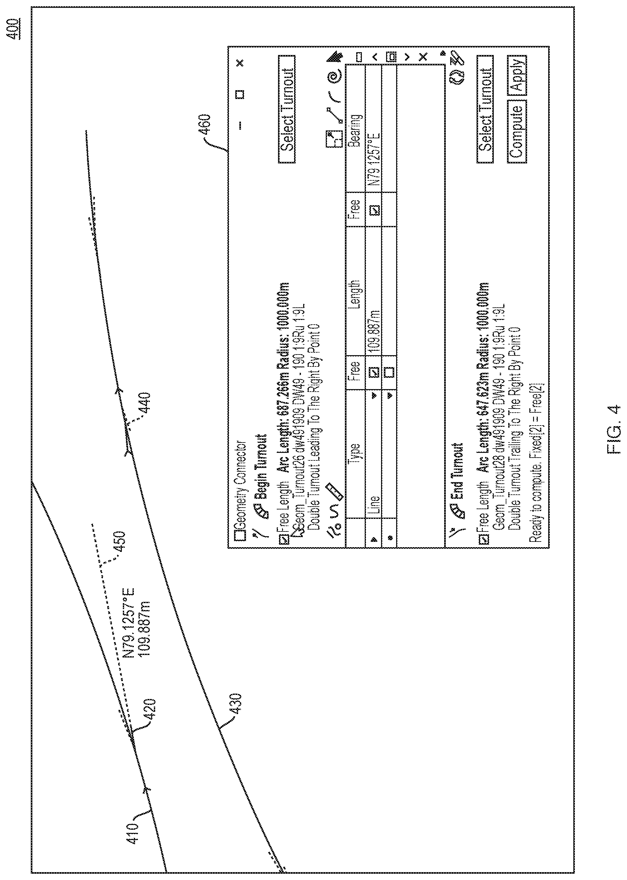 Patent US11780480 Figure 4 – Simplifying complex rail turnout geometry for computing and converging connections
