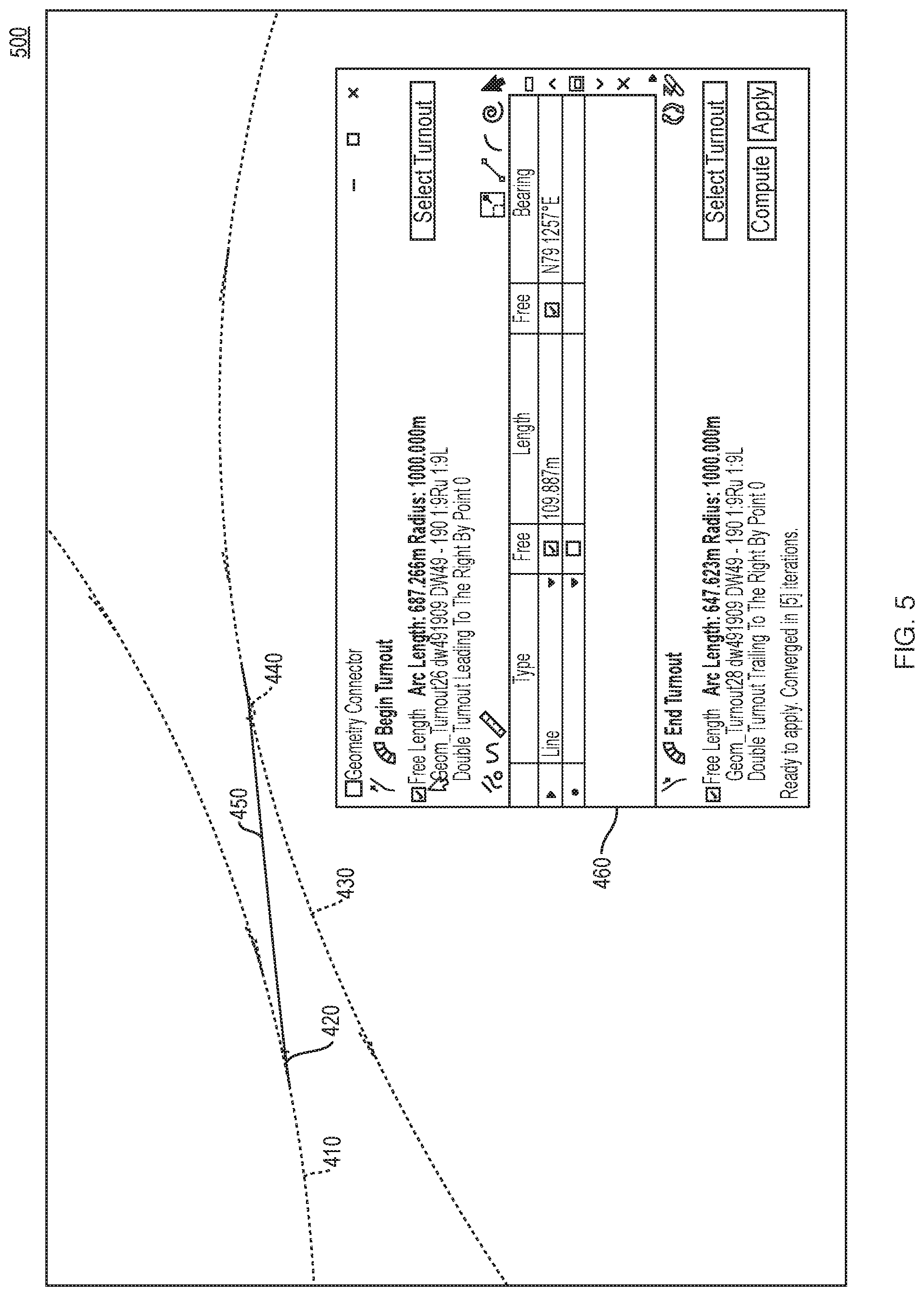 Patent US11780480 Figure 5 – Simplifying complex rail turnout geometry for computing and converging connections