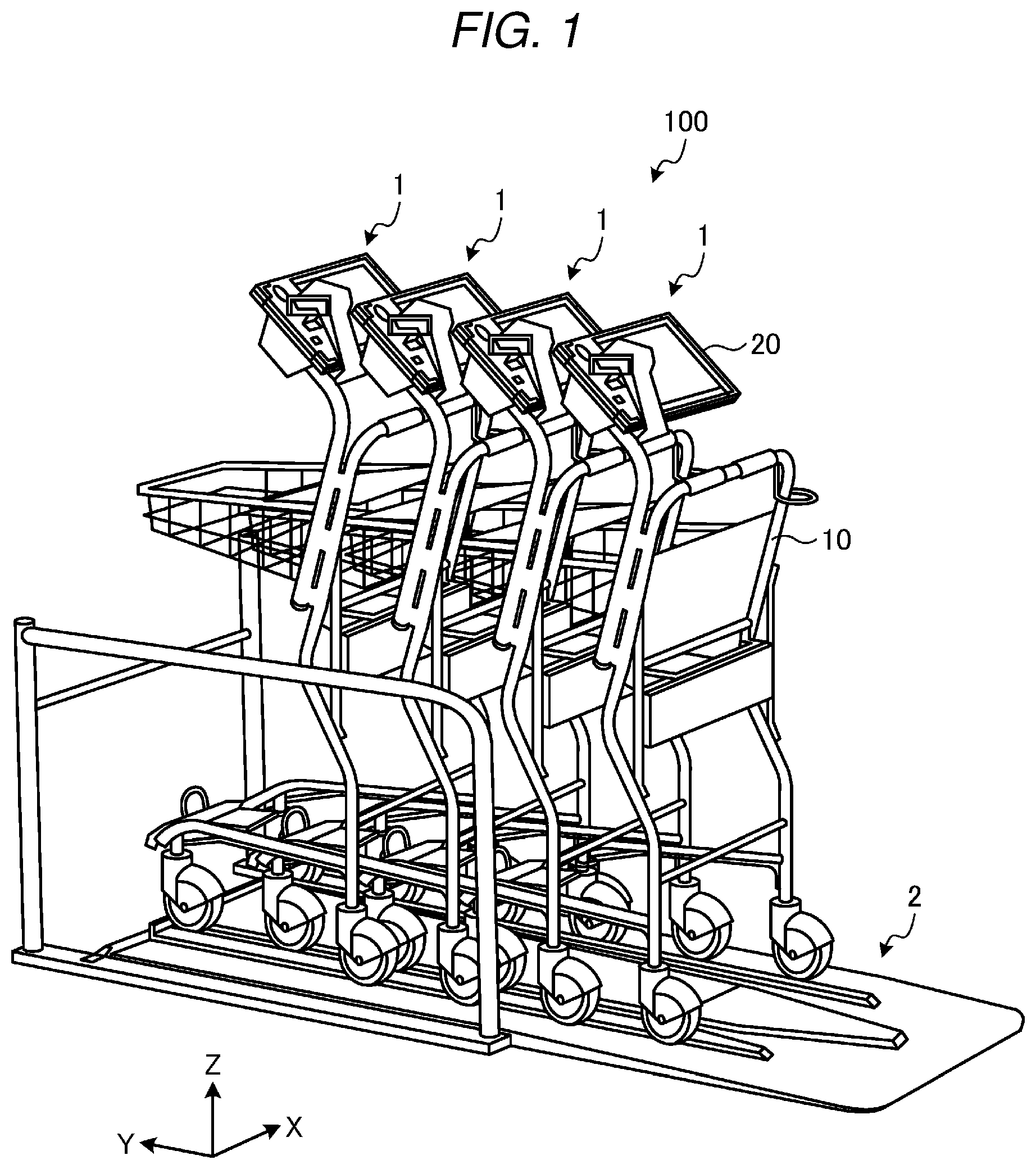Patent US11780486 Figure 1 – Stackable carts with electronic apparatus and spacer for stackable carts