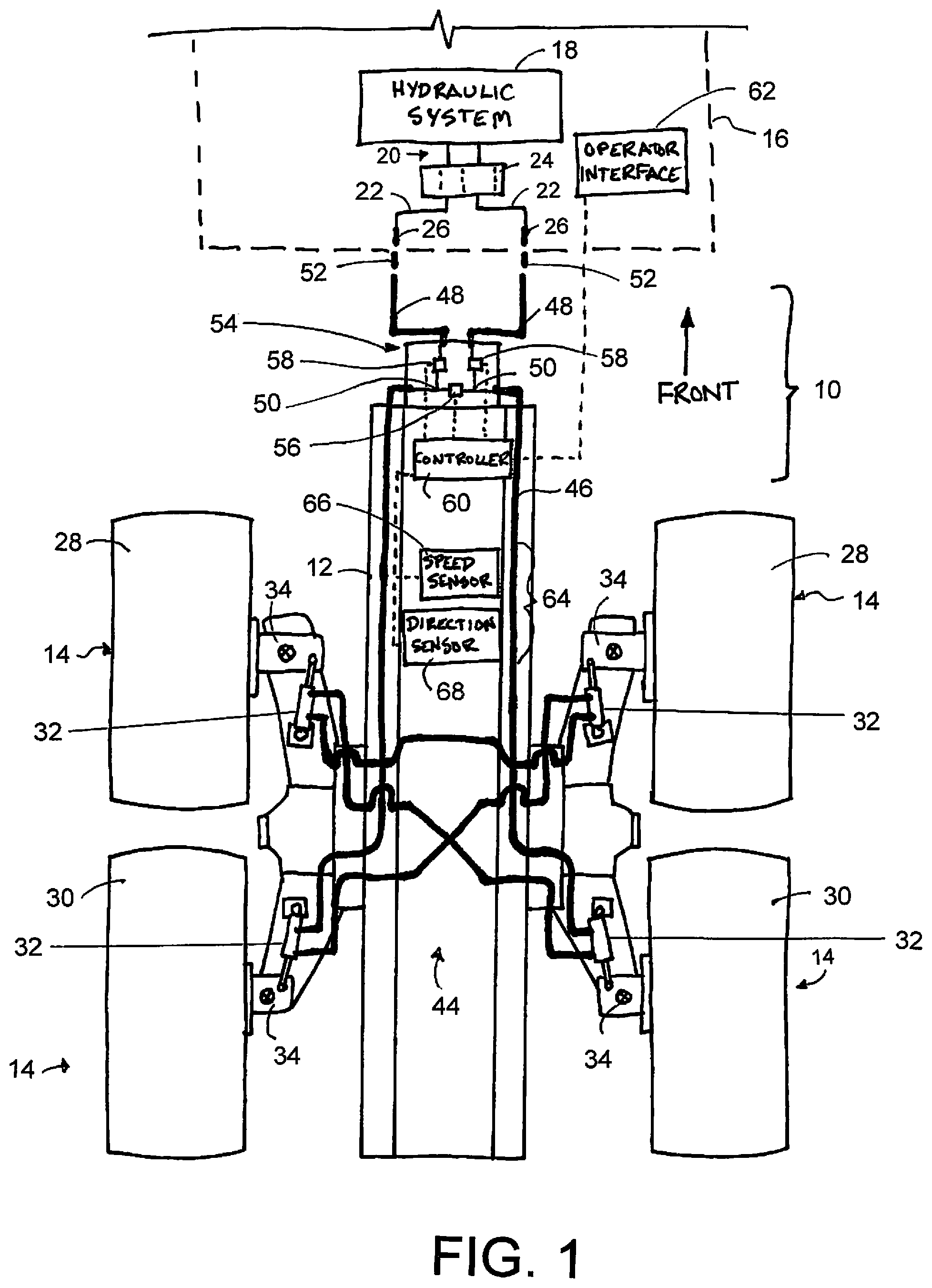 Patent US11780494 Figure 1 – Control apparatus for hydraulically steered wheels of a trailing vehicle operable in locked and self steering configurations