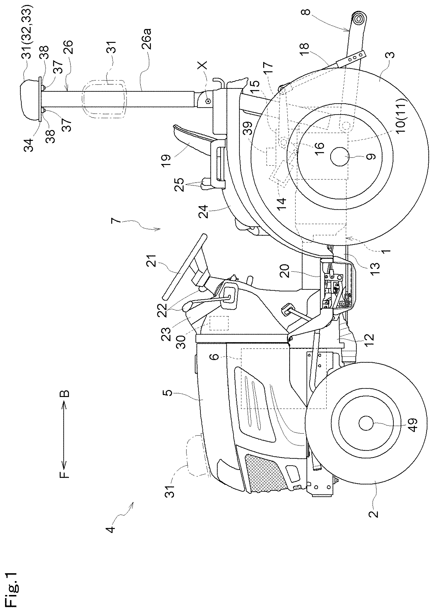 Patent US11780499 Figure 1 – Working vehicle and tractor
