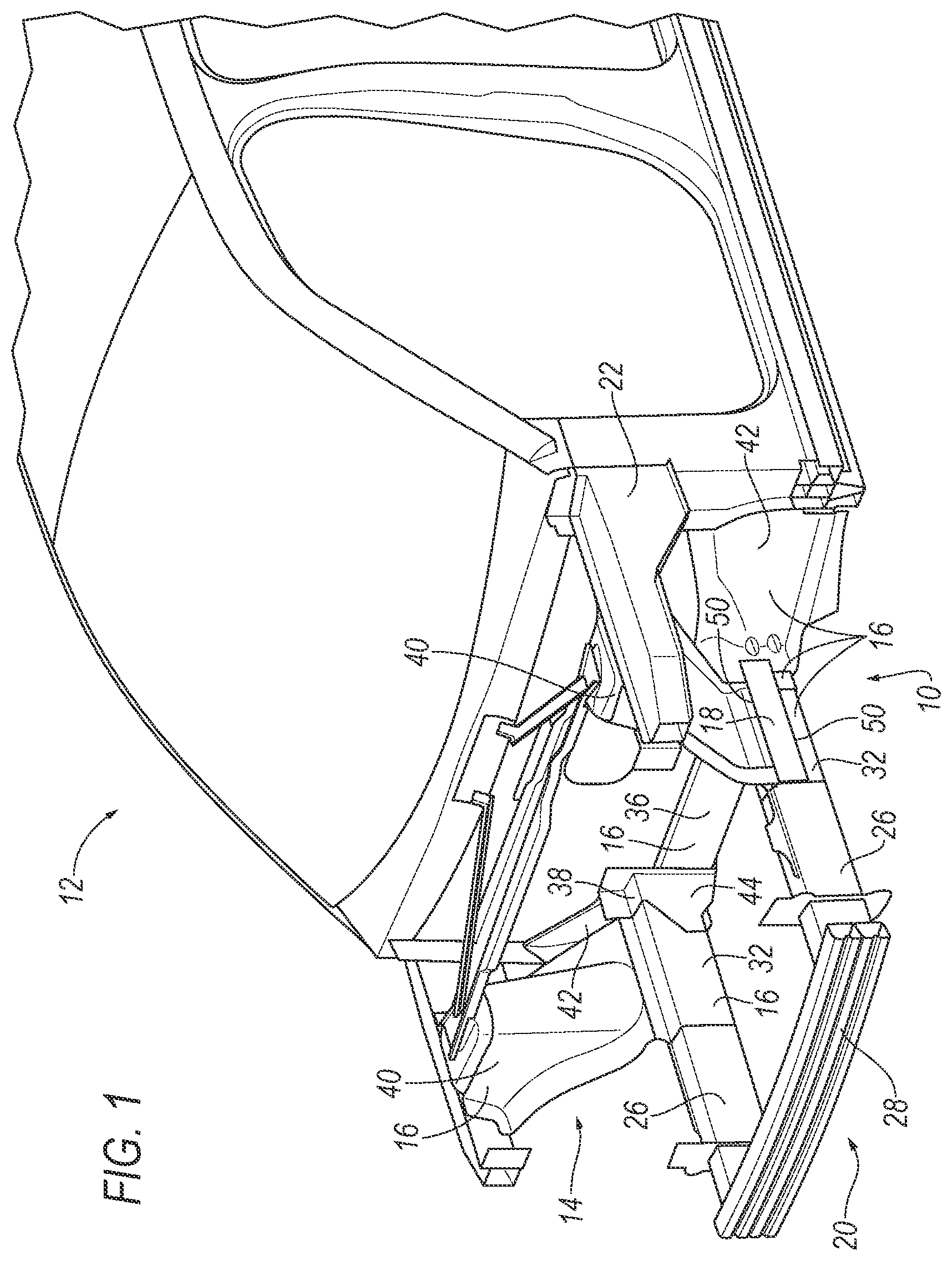 Patent US11780505 Figure 1 – Hybrid cast vehicle assembly with structural reinforcements