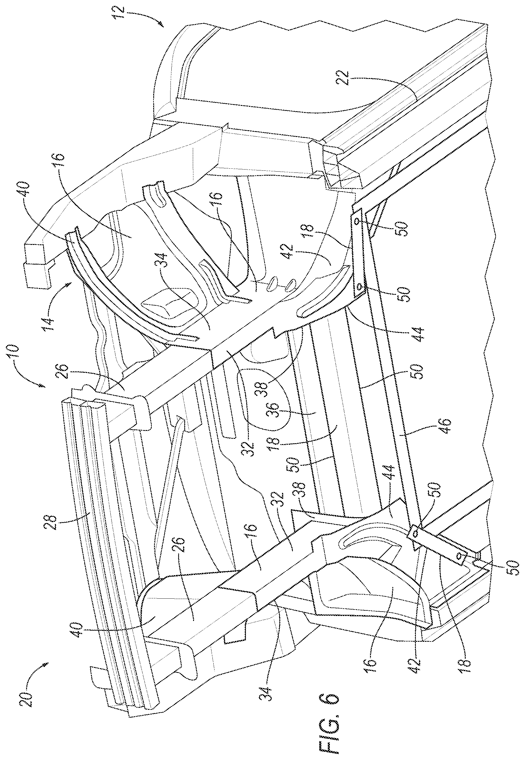 Patent US11780505 Figure 6 – Hybrid cast vehicle assembly with structural reinforcements