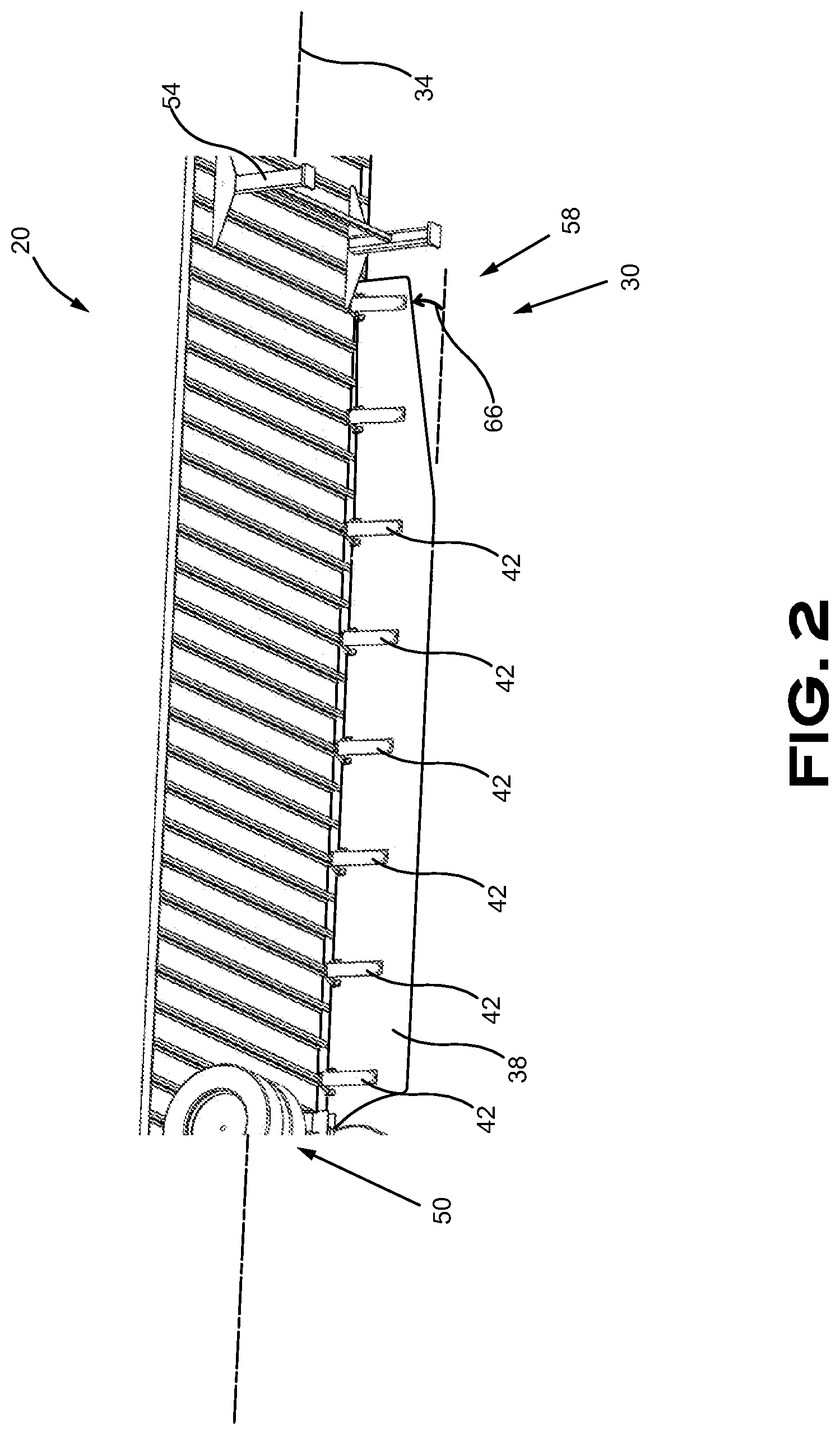 Patent US11780510 Figure 2 – Aerodynamic skirt securing connector comprising a stabilizer