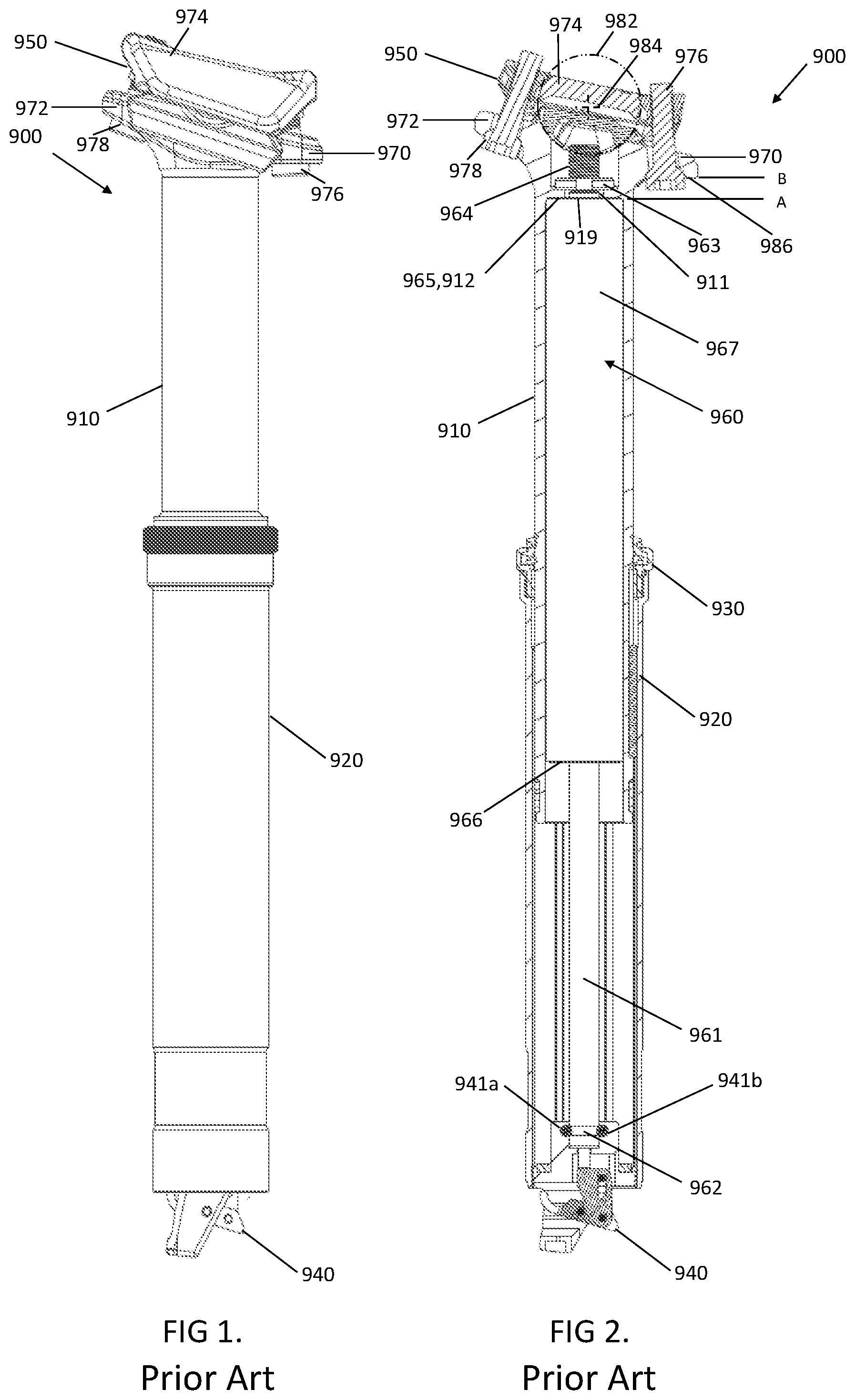 Patent US11780520 Figure 1 – Bicycle dropper seat post assembly with a narrow gas spring cartridge