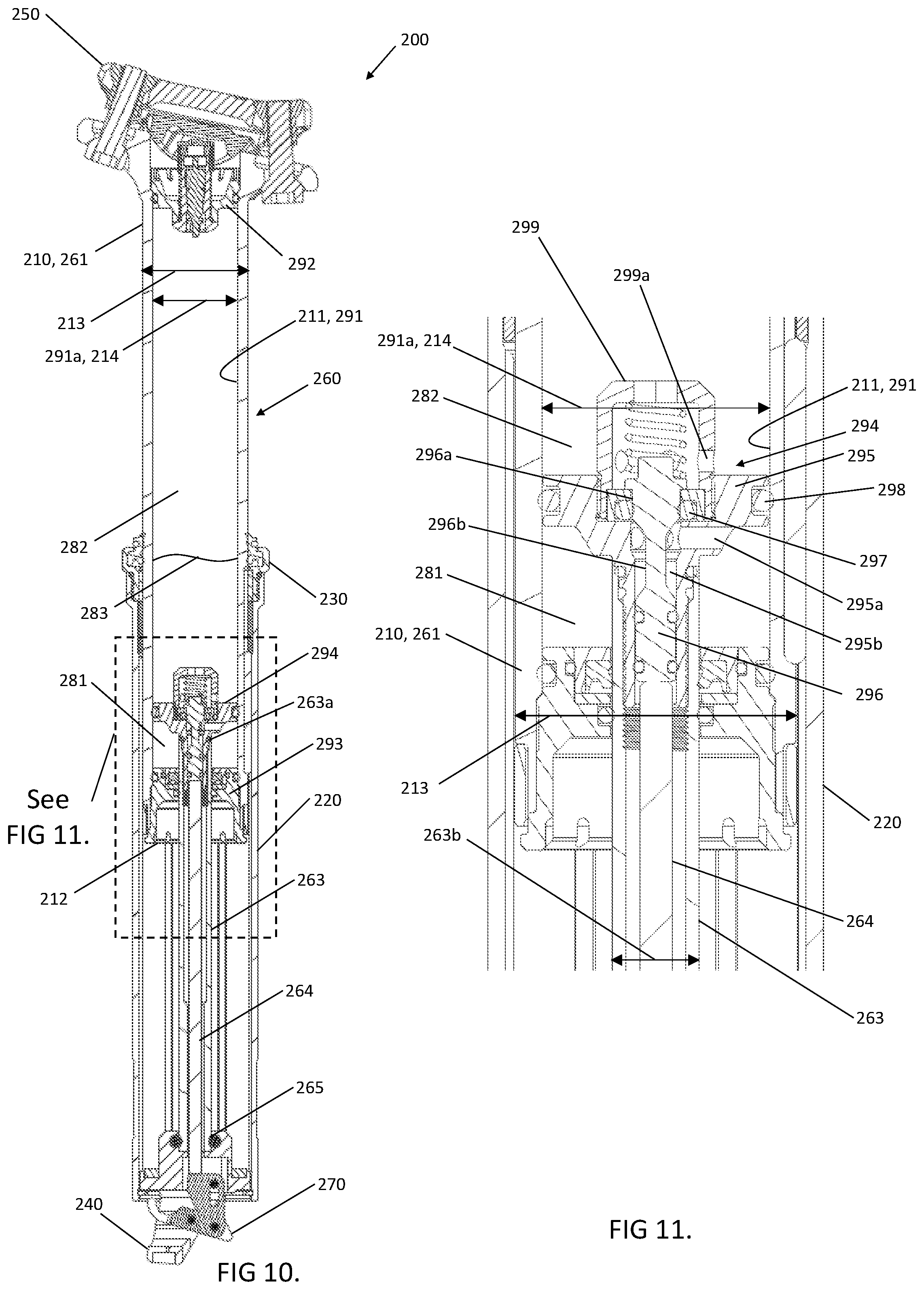 Patent US11780520 Figure 9 – Bicycle dropper seat post assembly with a narrow gas spring cartridge