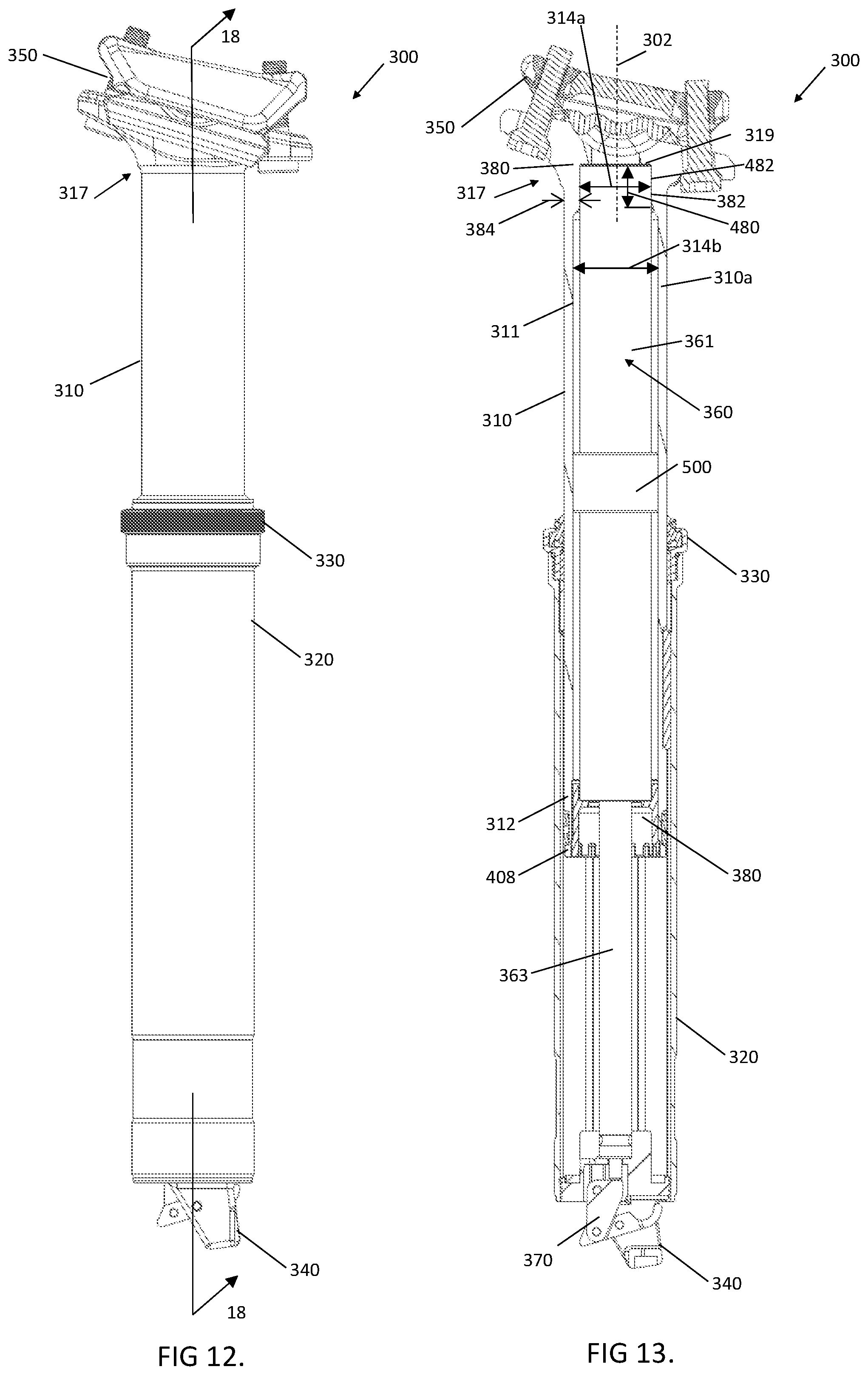 Patent US11780520 Figure 10 – Bicycle dropper seat post assembly with a narrow gas spring cartridge