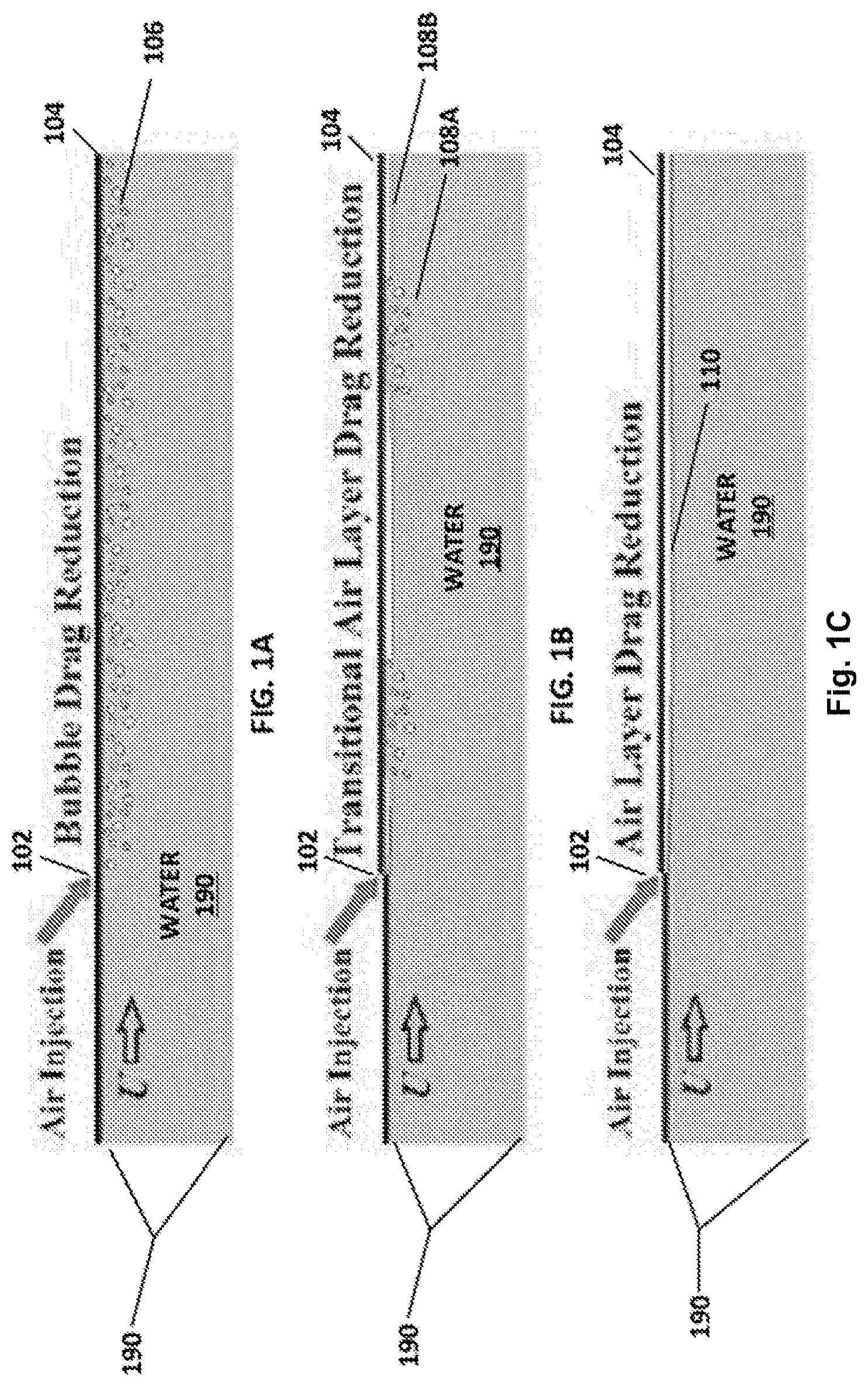 Patent US11780533 Figure 1 – Air layer and hydrophobic drag reduction and preferential guidance and recovery of gas with engineered surfaces