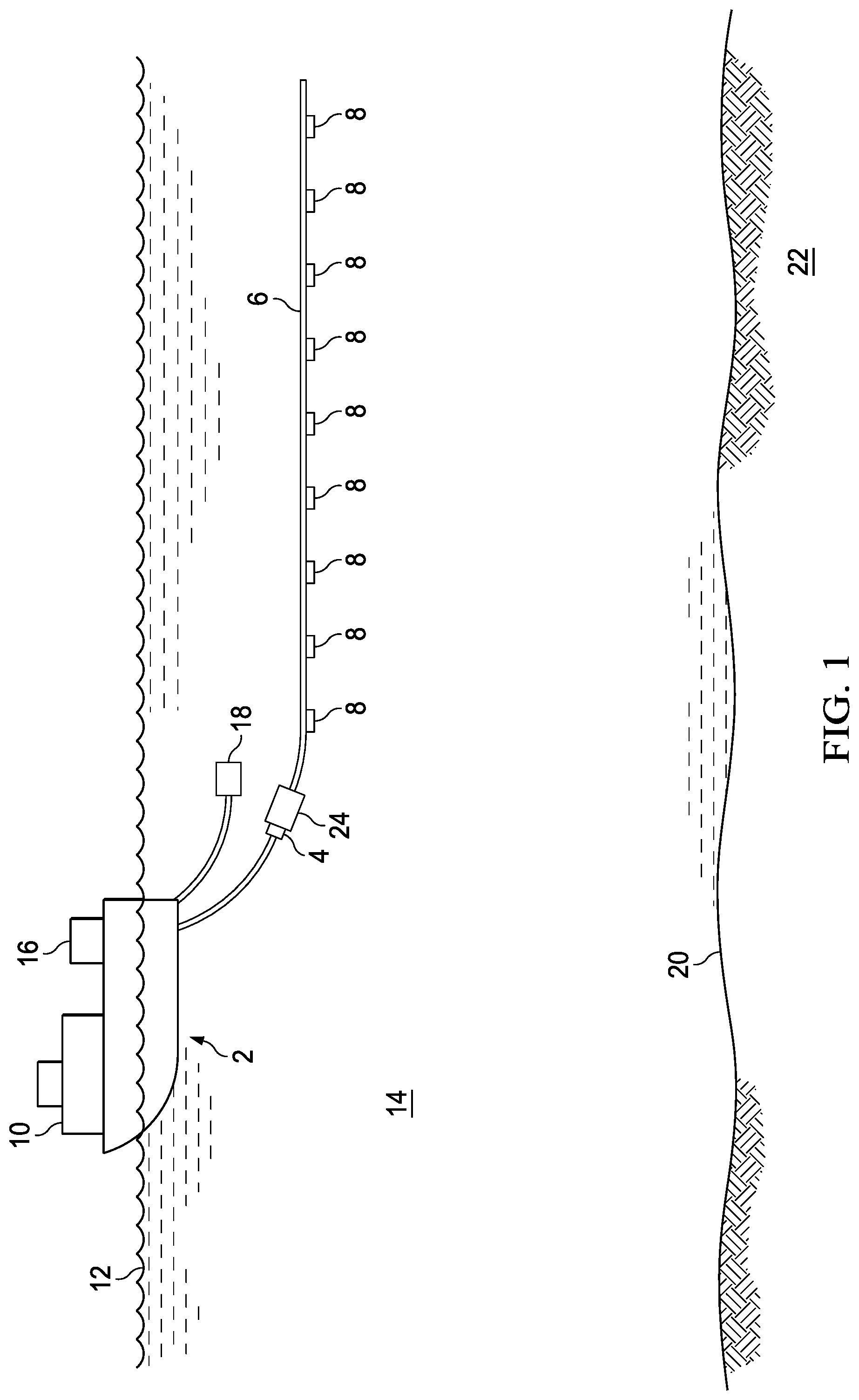 Patent US11780535 Figure 1 – Methods and systems for underwater application of streamer coating on geophysical streamers