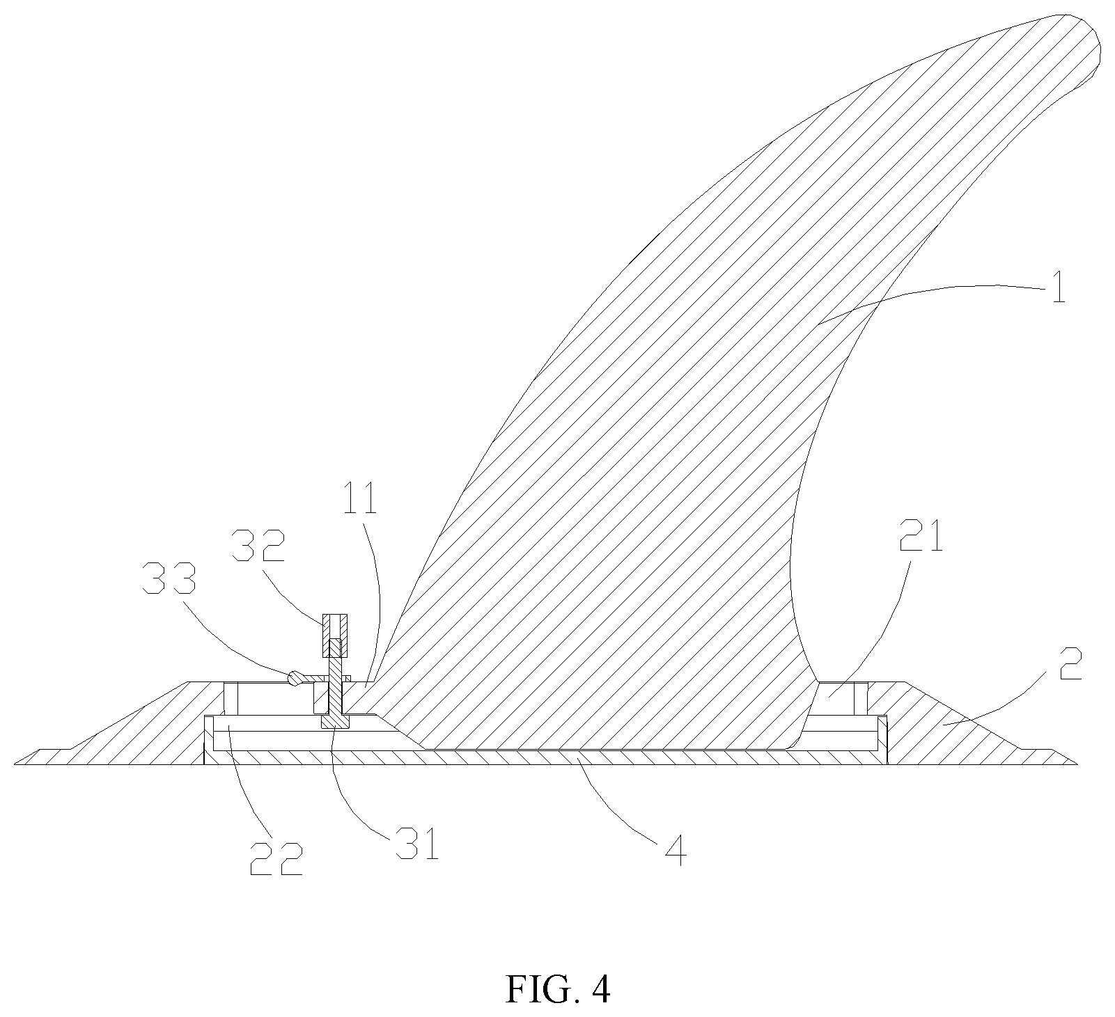 Patent US11780539 Figure 4 – Stern rudder fixing structure, stern rudder and paddle board
