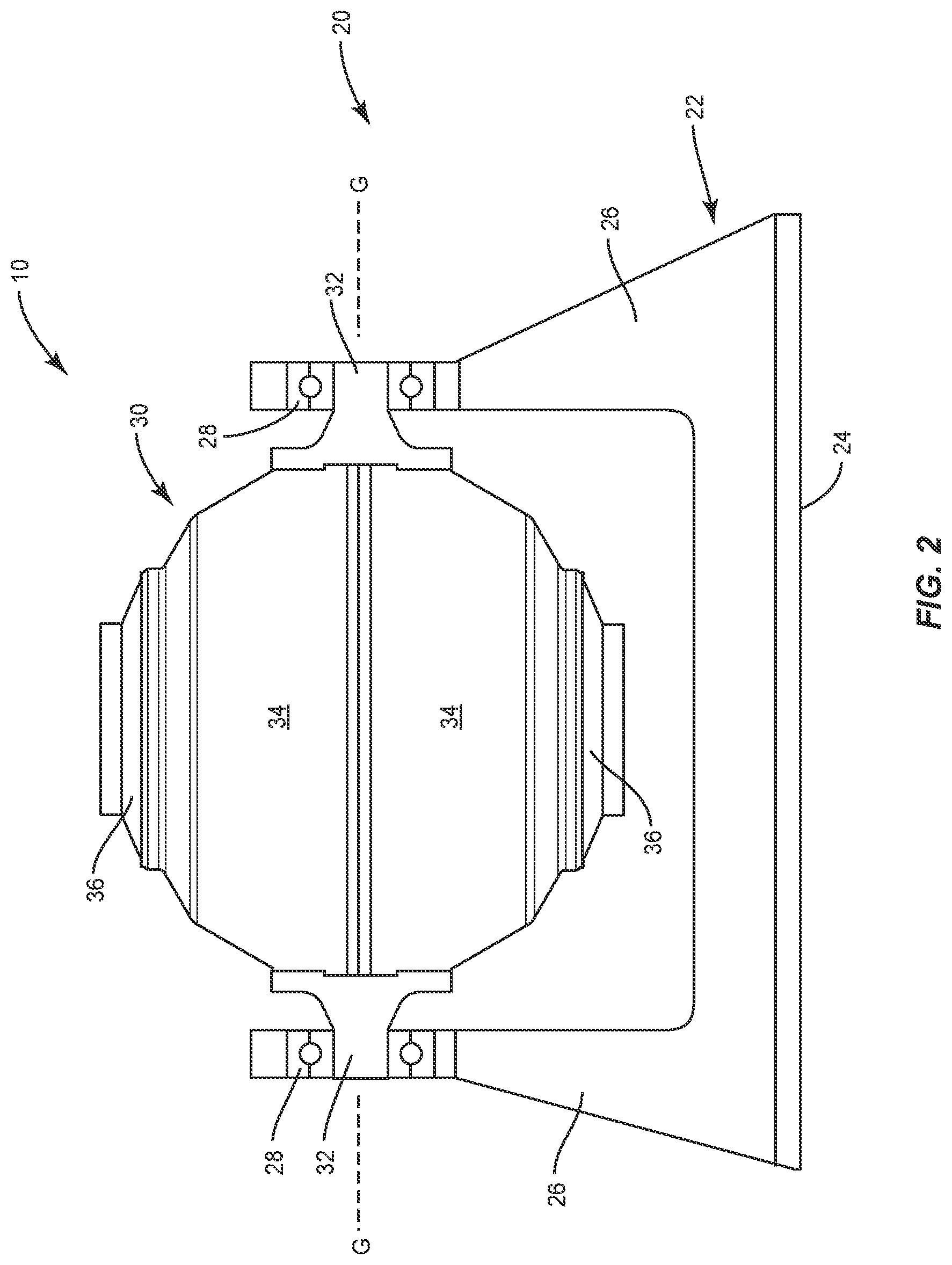 Patent US11780542 Figure 2 – Gyroscopic roll stabilizer with flywheel shaft through passage
