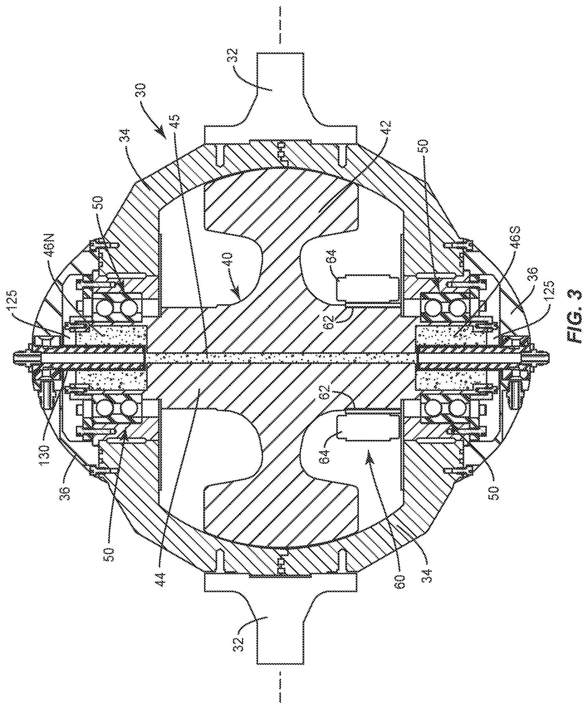Patent US11780542 Figure 3 – Gyroscopic roll stabilizer with flywheel shaft through passage
