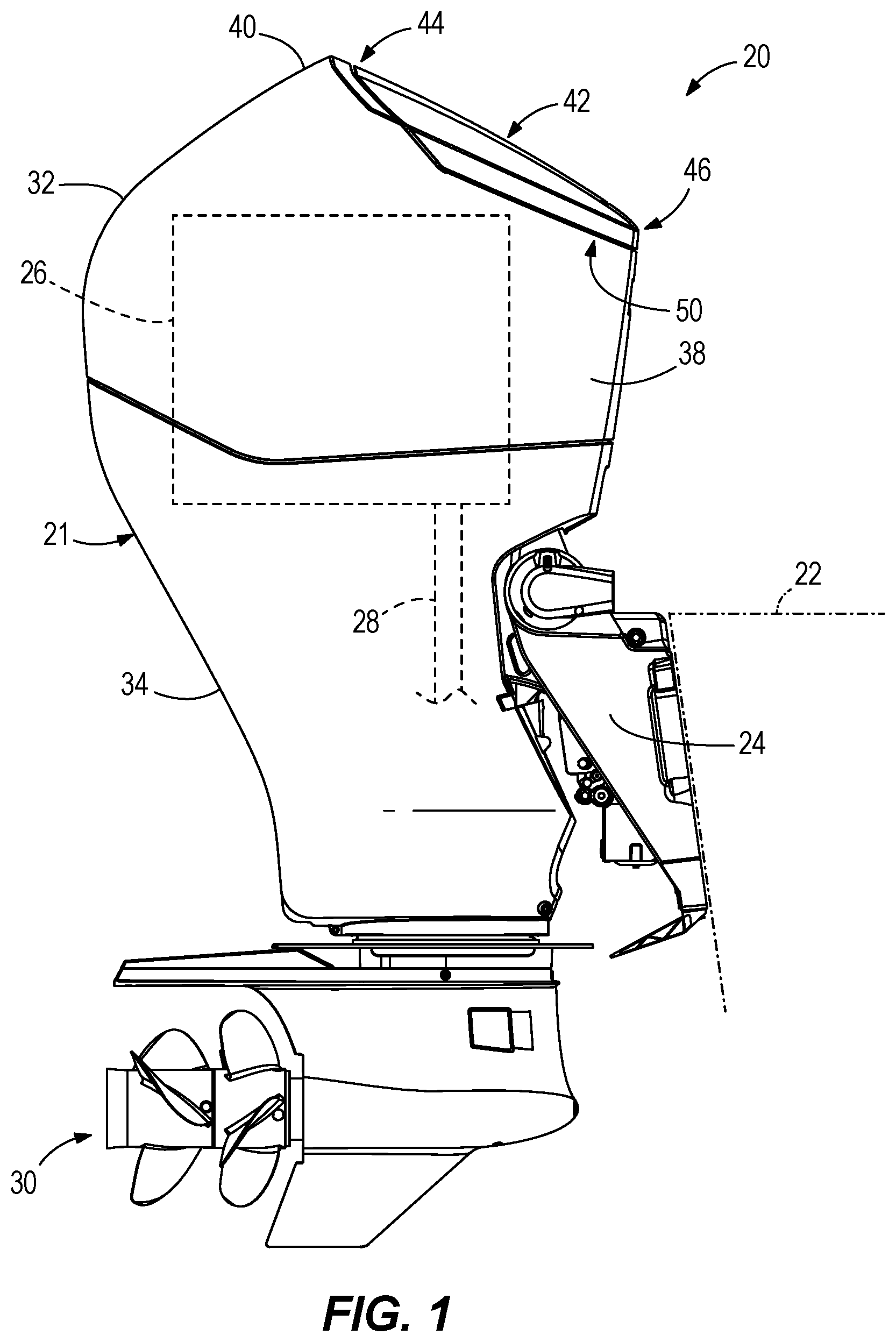 Patent US11780549 Figure 1 – Cowlings for marine drives and latching devices for cowlings for marine drives