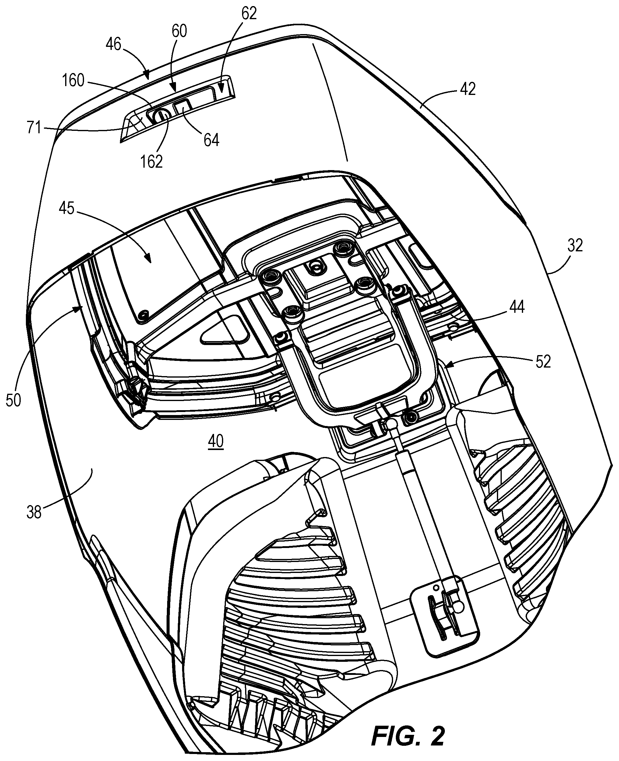 Patent US11780549 Figure 2 – Cowlings for marine drives and latching devices for cowlings for marine drives