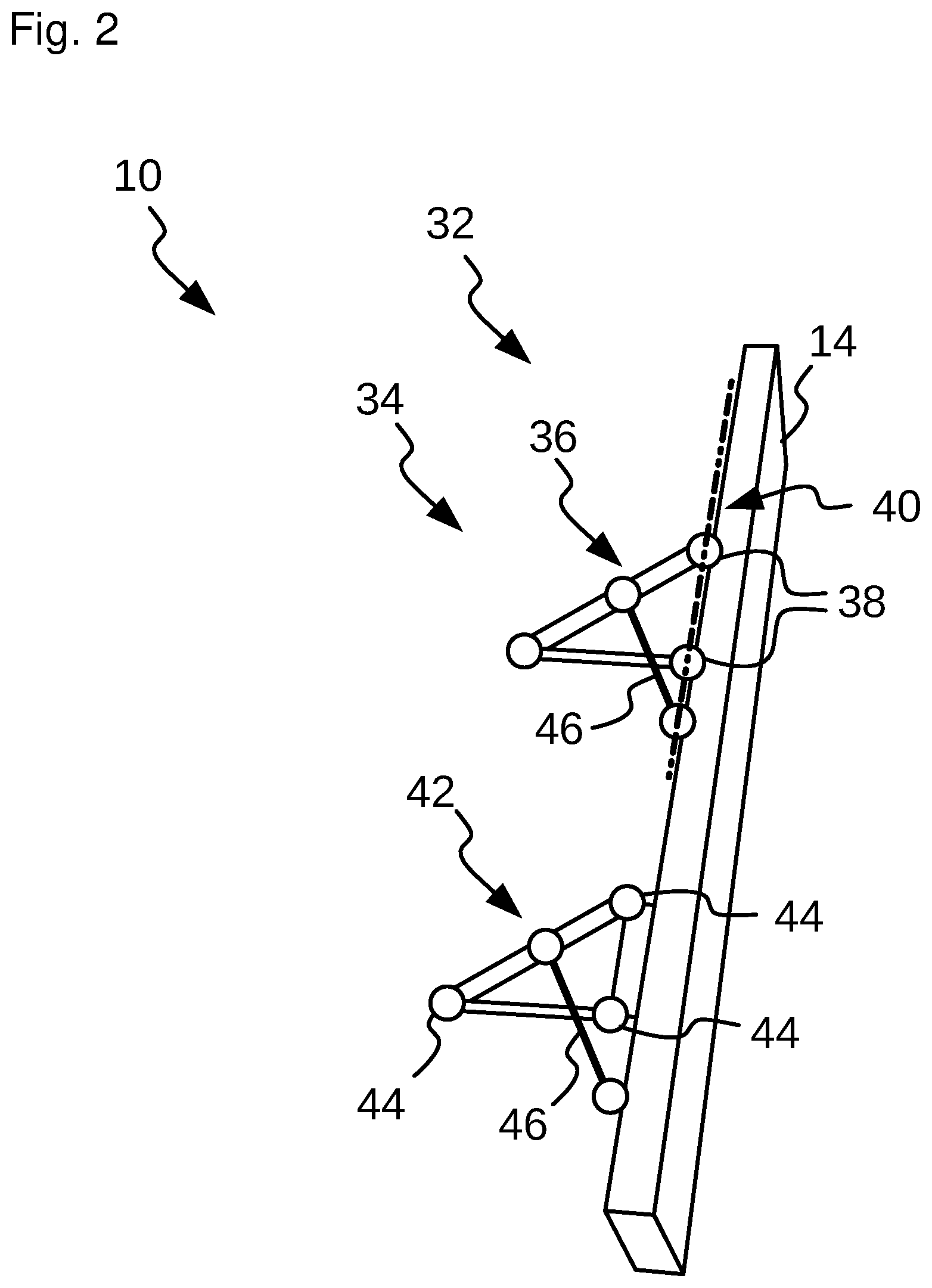 Patent US11780558 Figure 2 – Support stay and support arrangement for supporting a movable part of an aircraft