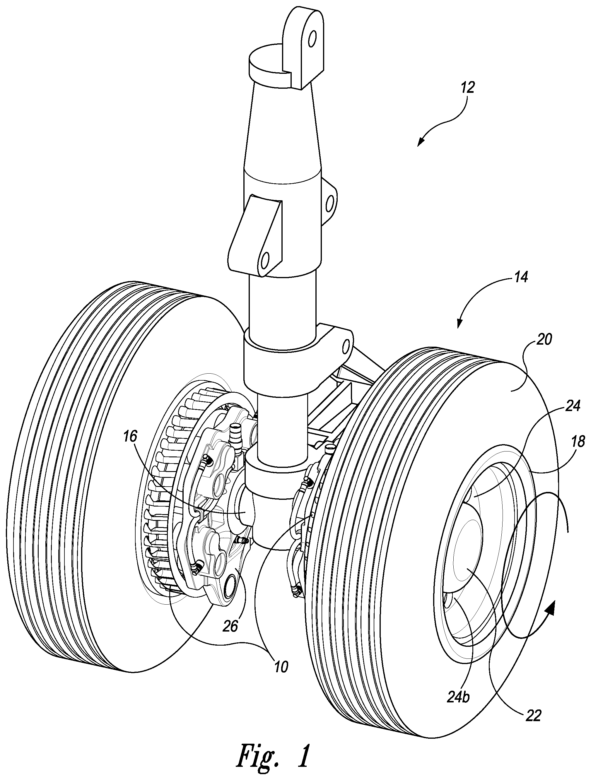 Patent US11780568 Figure 1 – Airplane wheel prerotation/landing brake cooling device